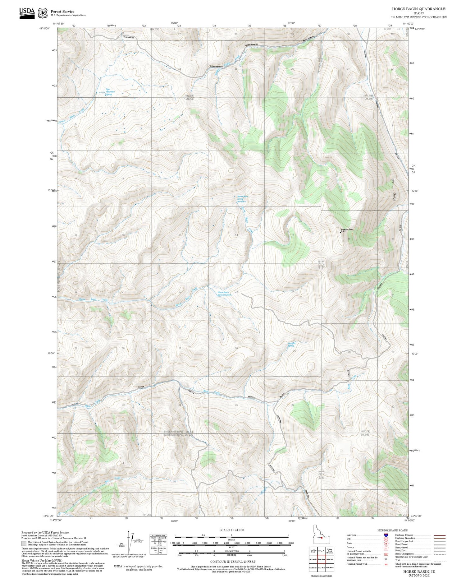 2025 Forest Service Topo Map of Horse Basin Idaho