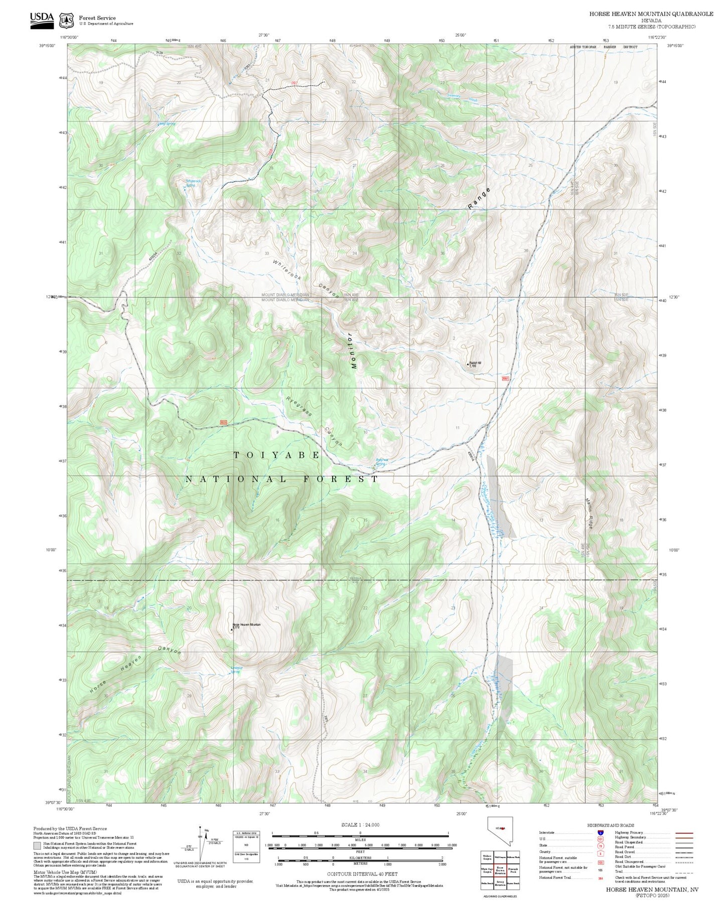 2025 Forest Service Topo Map of Horse Heaven Mountain Nevada