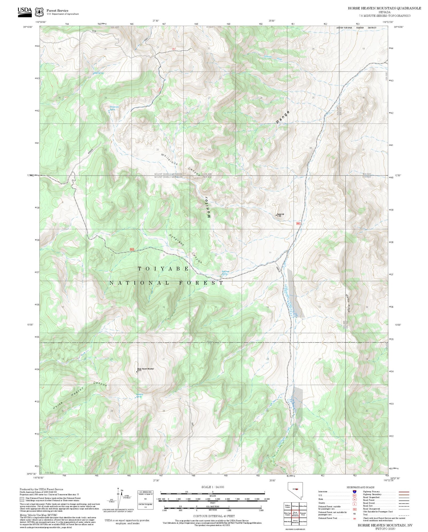 2025 Forest Service Topo Map of Horse Heaven Mountain Nevada