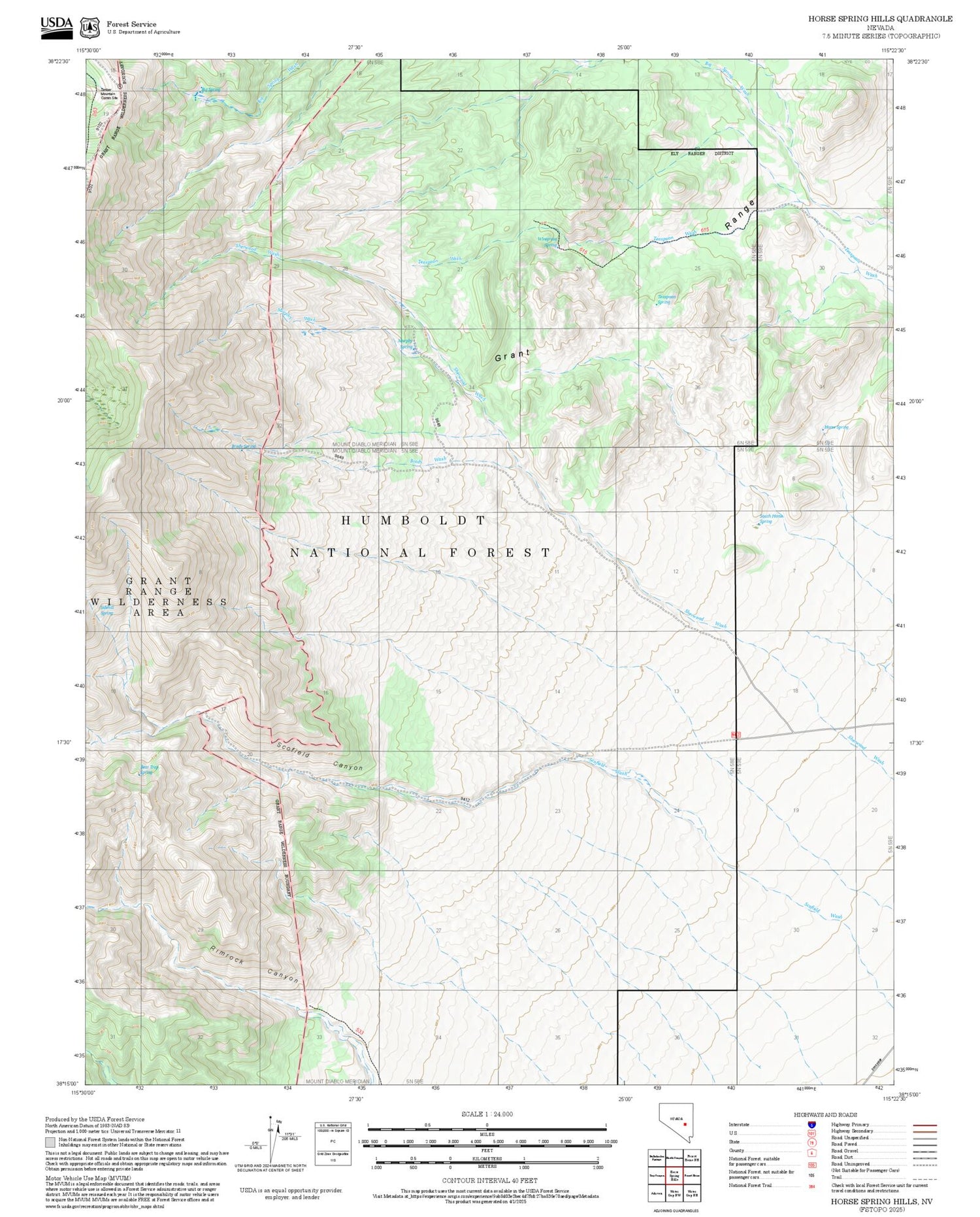 2025 Forest Service Topo Map of Horse Spring Hills Nevada