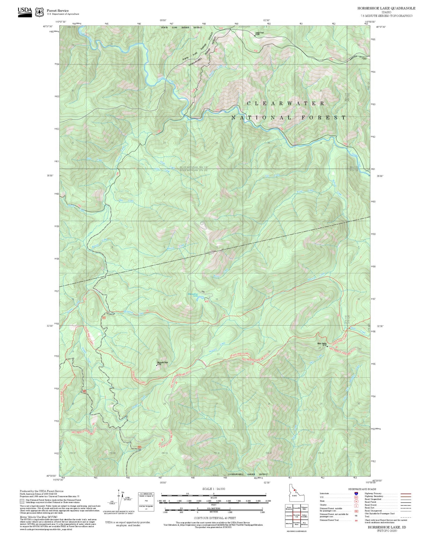 2025 Forest Service Topo Map of Horseshoe Lake Idaho