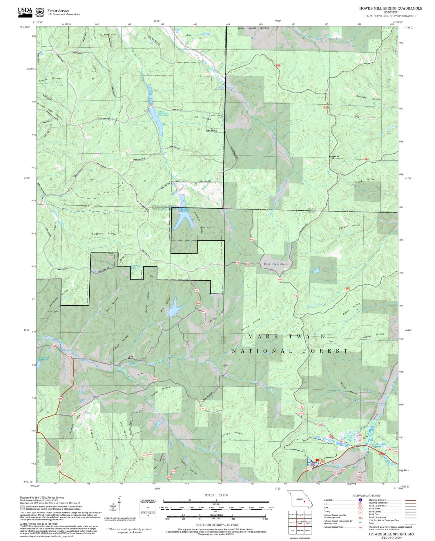 2025 Forest Service Topo Map of Howes Mill Spring Missouri