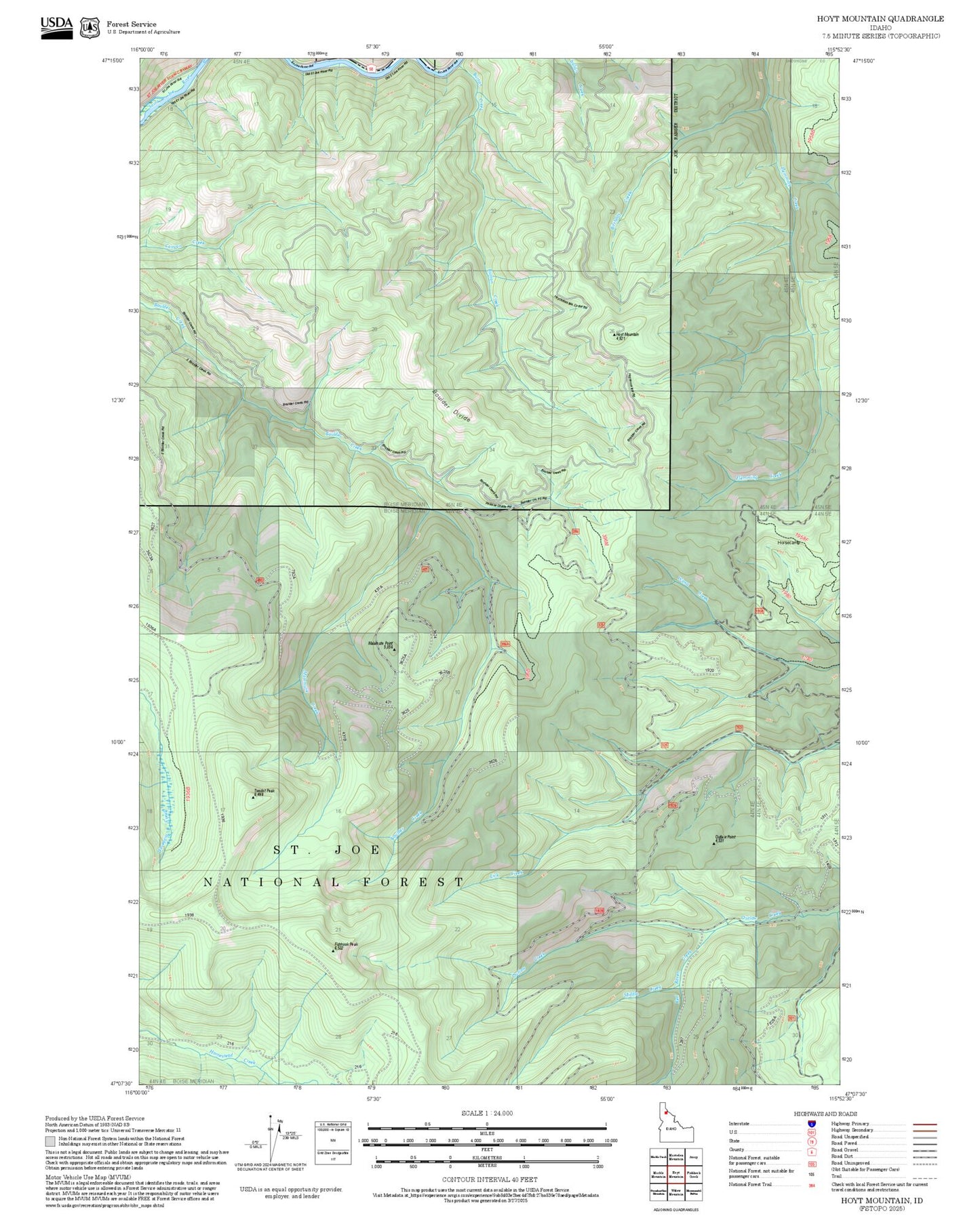 2025 Forest Service Topo Map of Hoyt Mountain Idaho