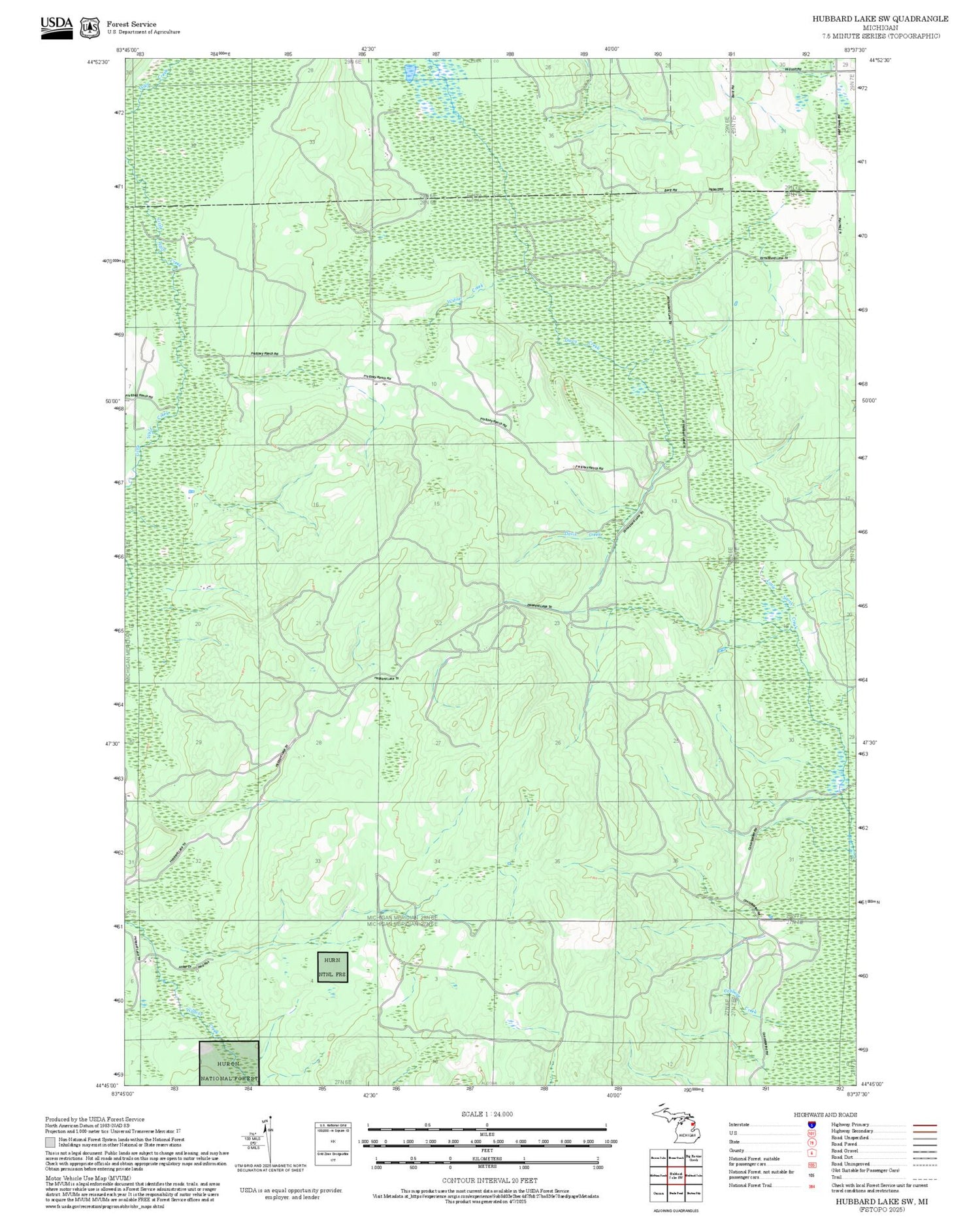 2025 Forest Service Topo Map of Hubbard Lake SW Michigan