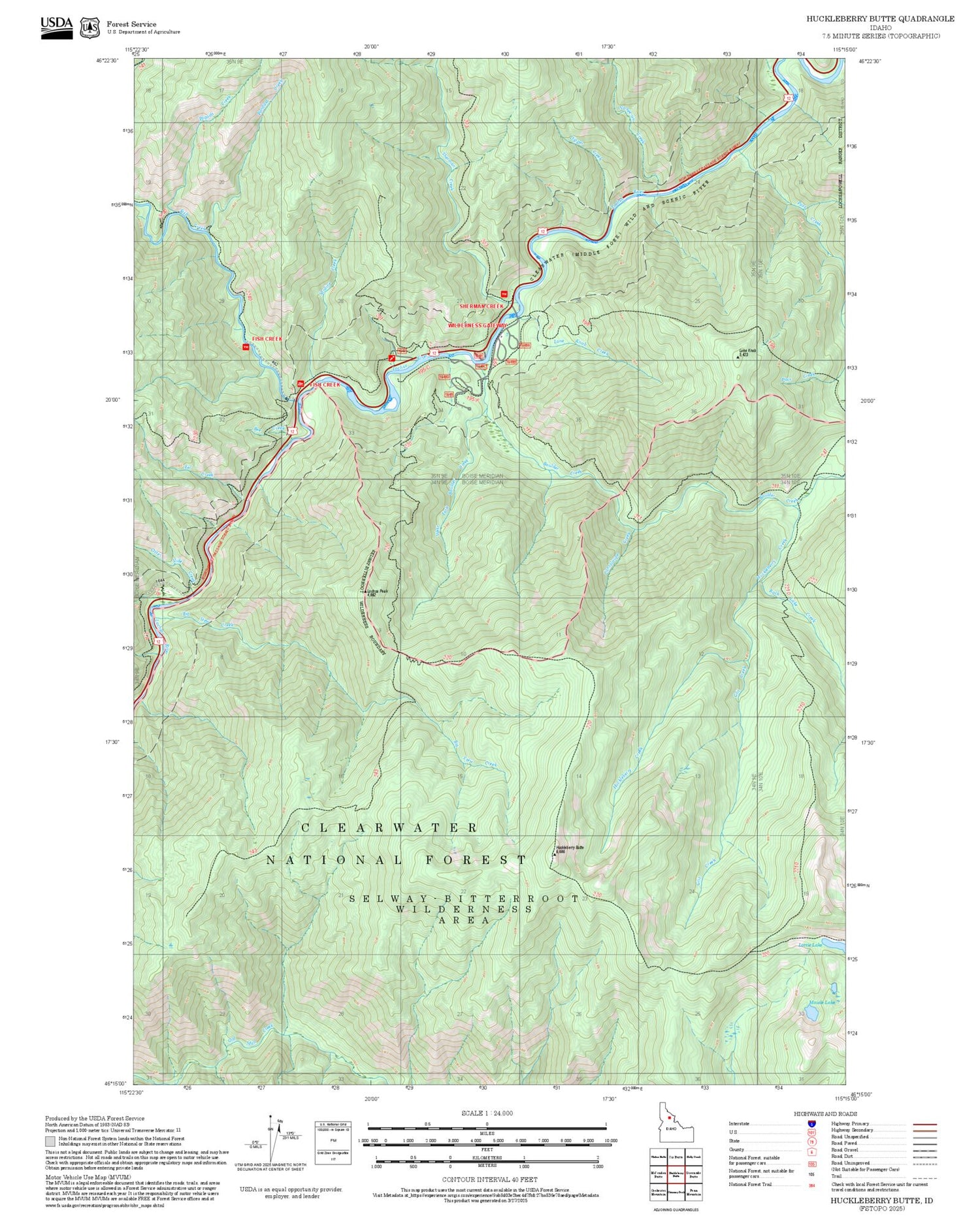 2025 Forest Service Topo Map of Huckleberry Butte Idaho