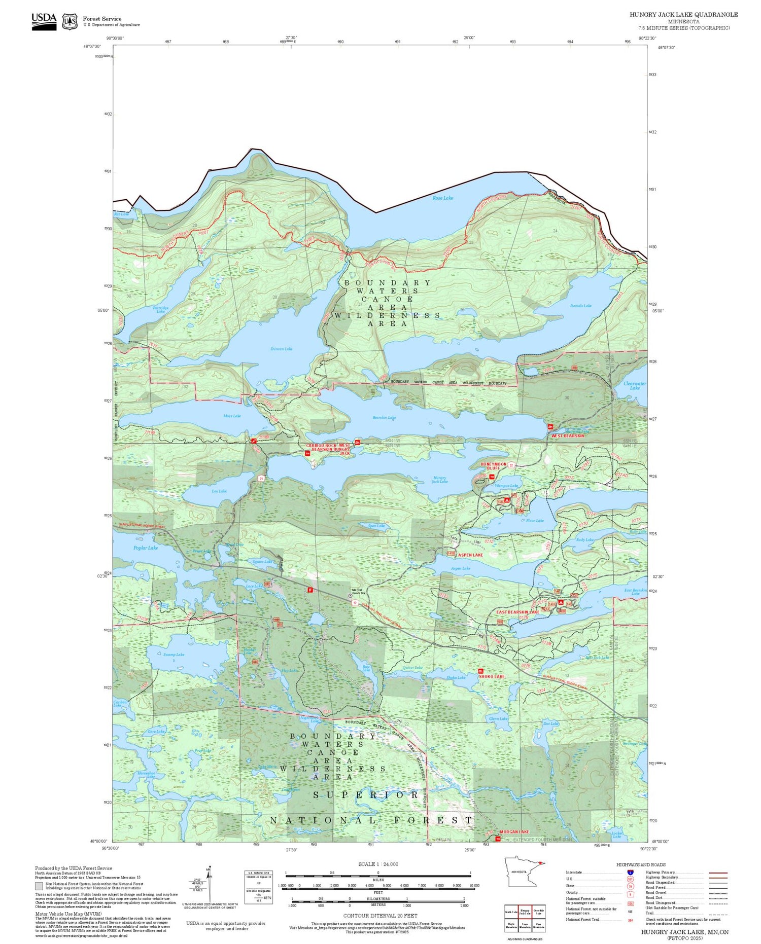 2025 Forest Service Topo Map of Hungry Jack Lake Minnesota