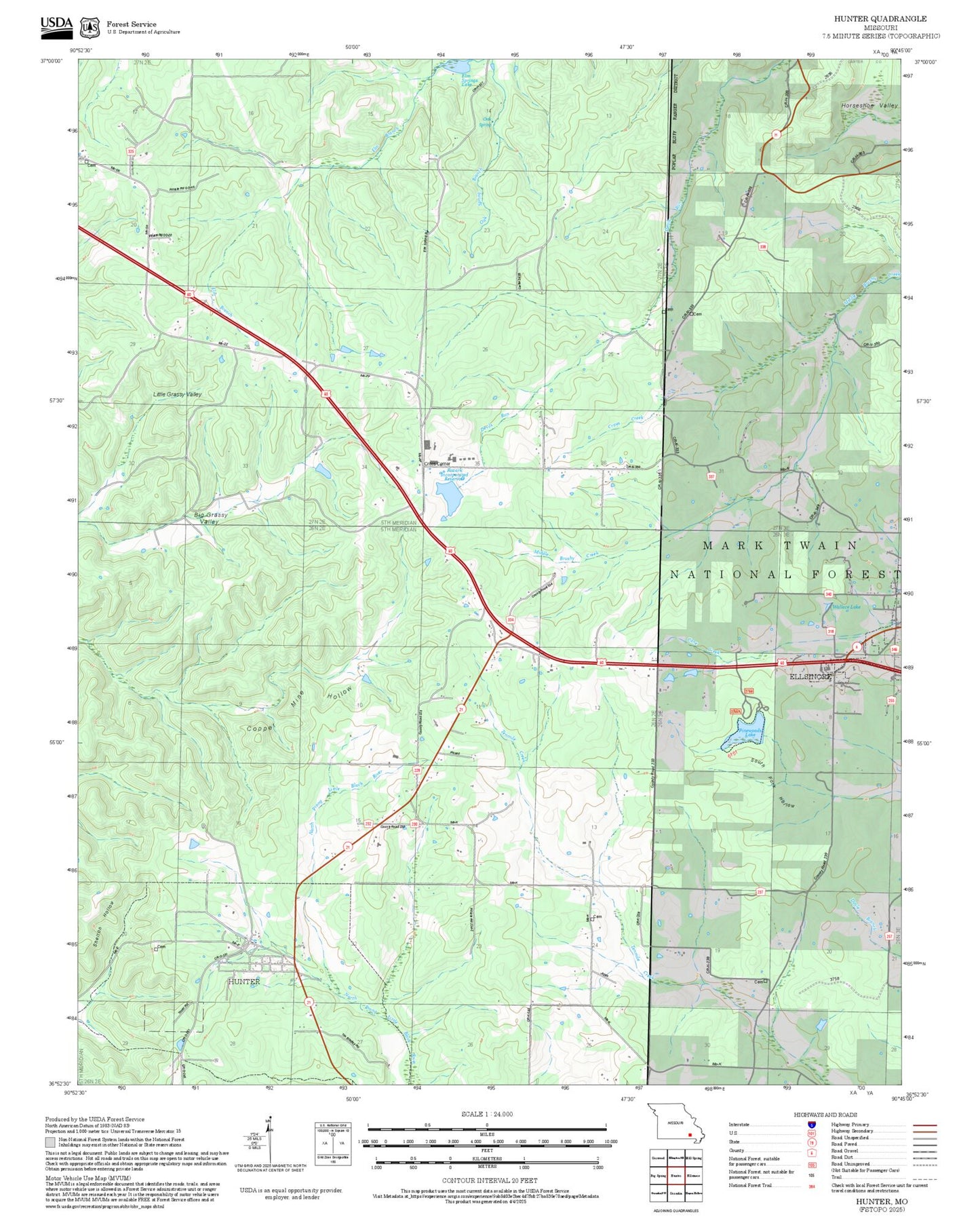2025 Forest Service Topo Map of Hunter Missouri