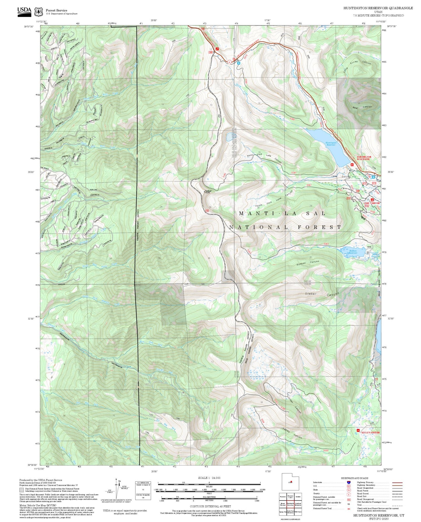2025 Forest Service Topo Map of Huntington Reservoir Utah