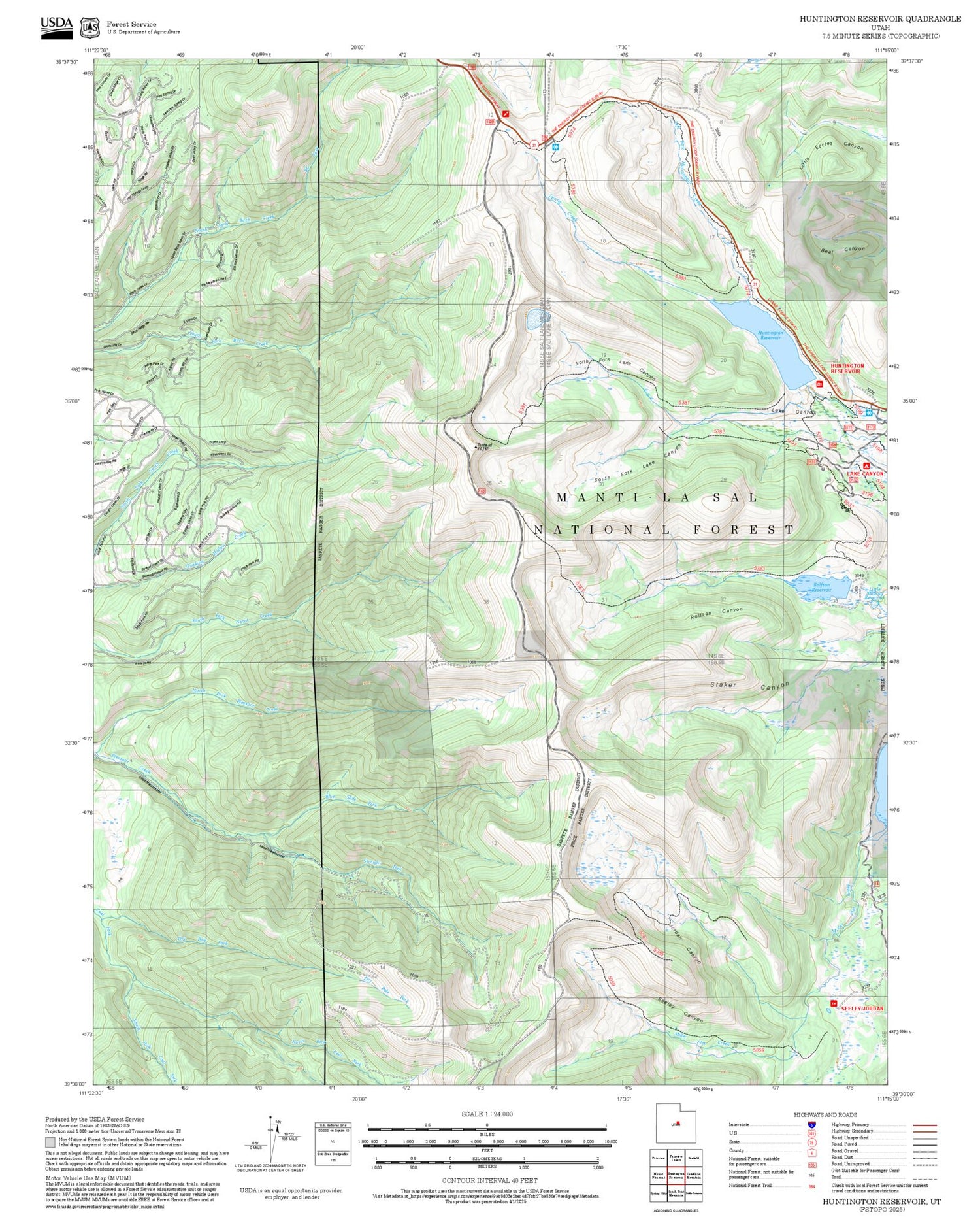 2025 Forest Service Topo Map of Huntington Reservoir Utah