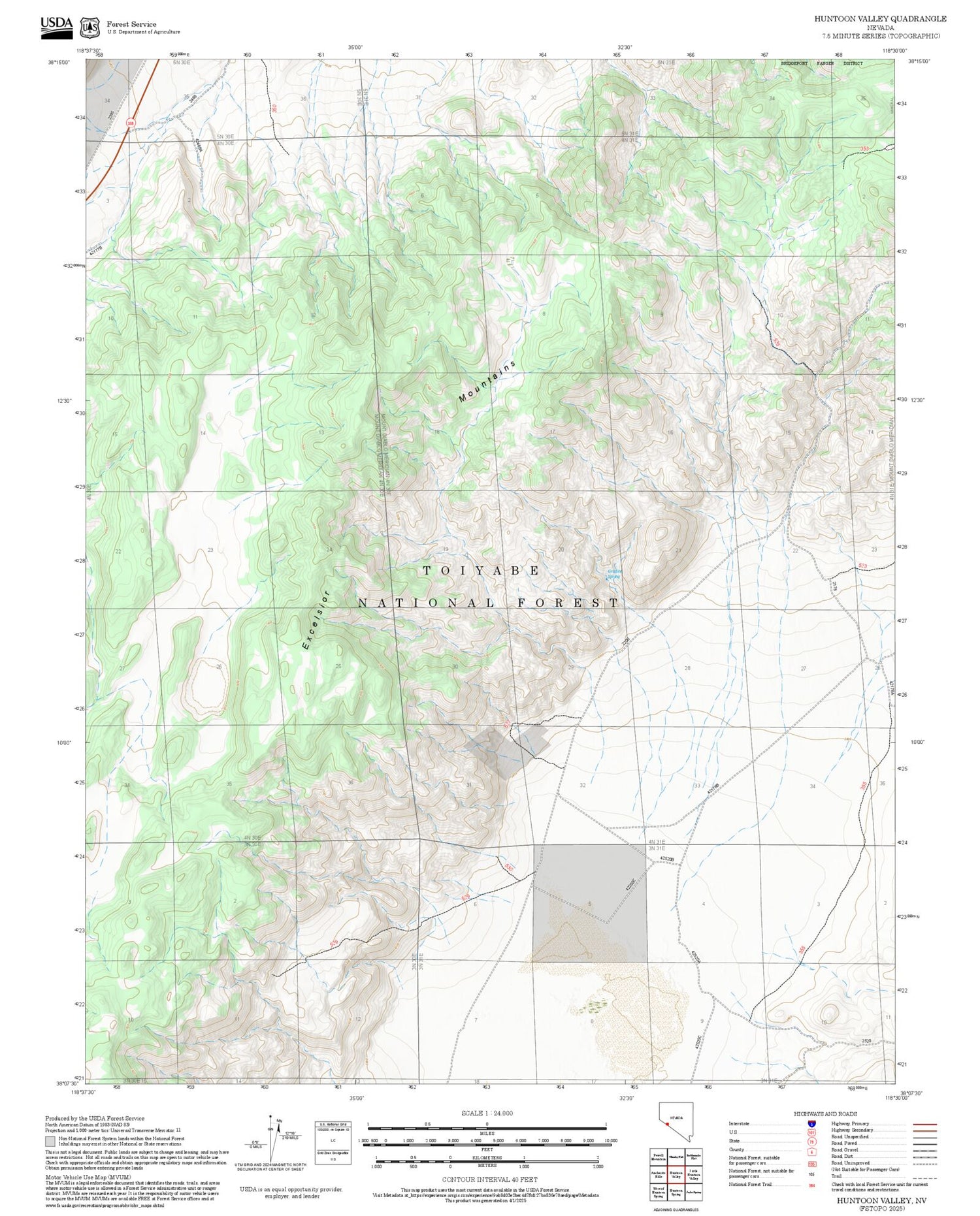 2025 Forest Service Topo Map of Huntoon Valley Nevada