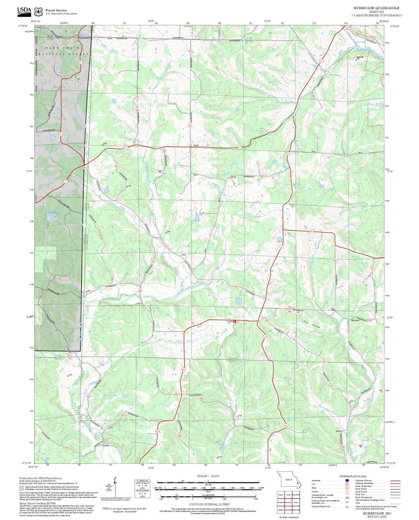 2025 Forest Service Topo Map of Hurricane Missouri