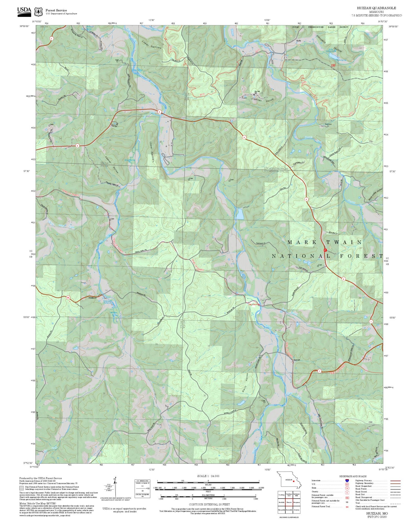 2025 Forest Service Topo Map of Huzzah Missouri