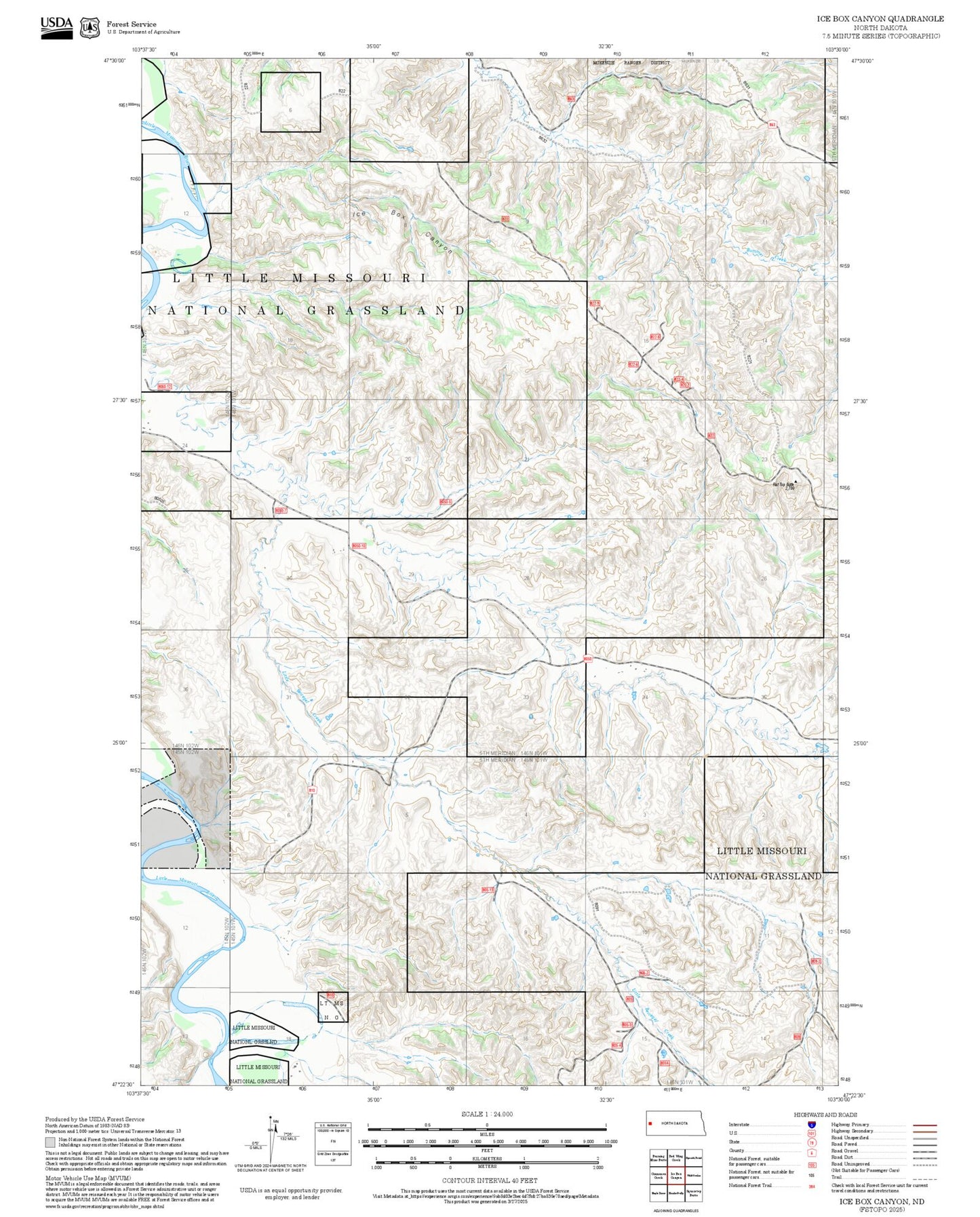 2025 Forest Service Topo Map of Ice Box Canyon North Dakota