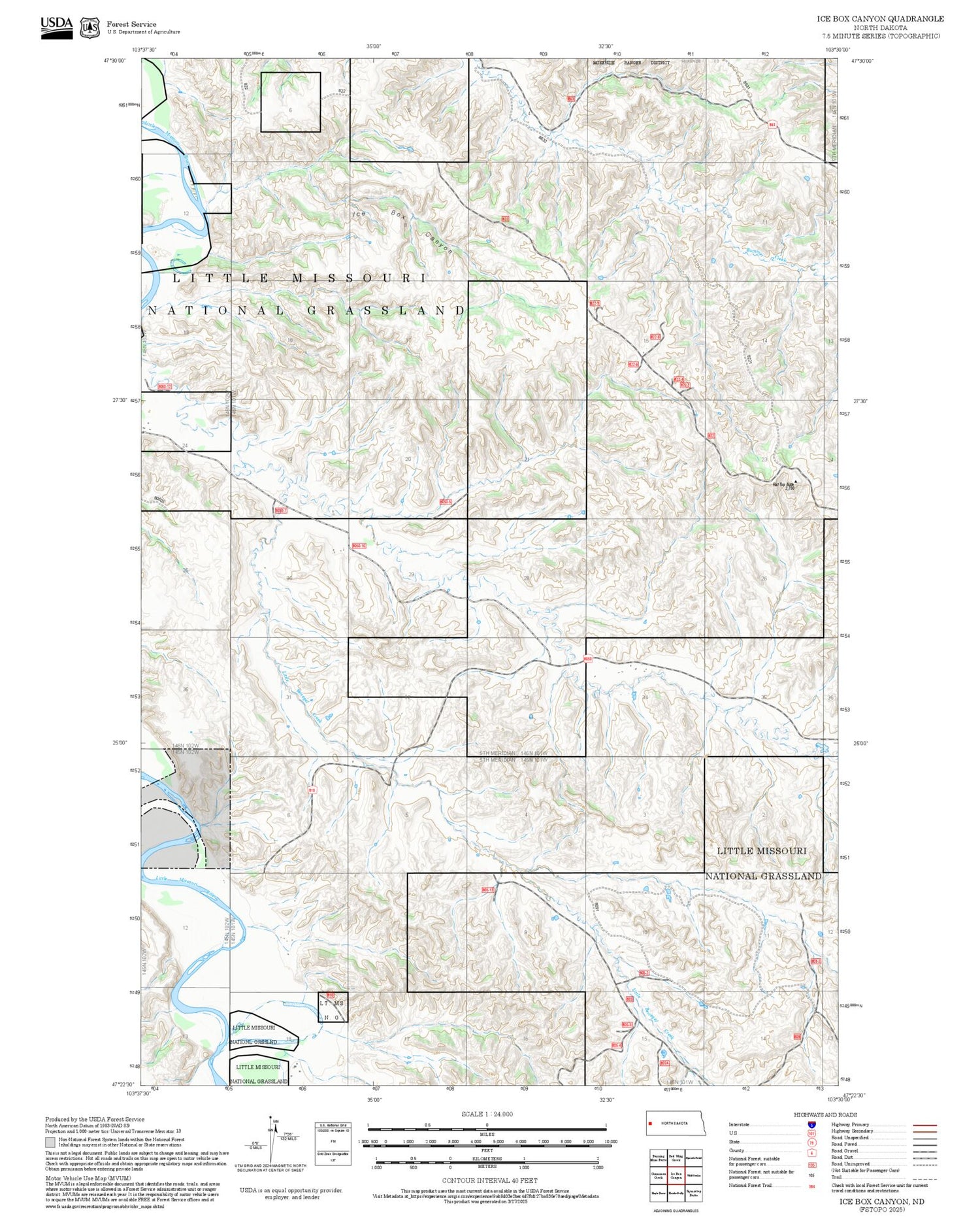 2025 Forest Service Topo Map of Ice Box Canyon North Dakota