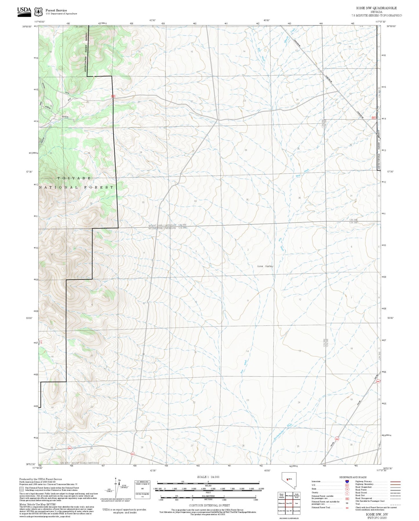 2025 Forest Service Topo Map of Ione NW Nevada