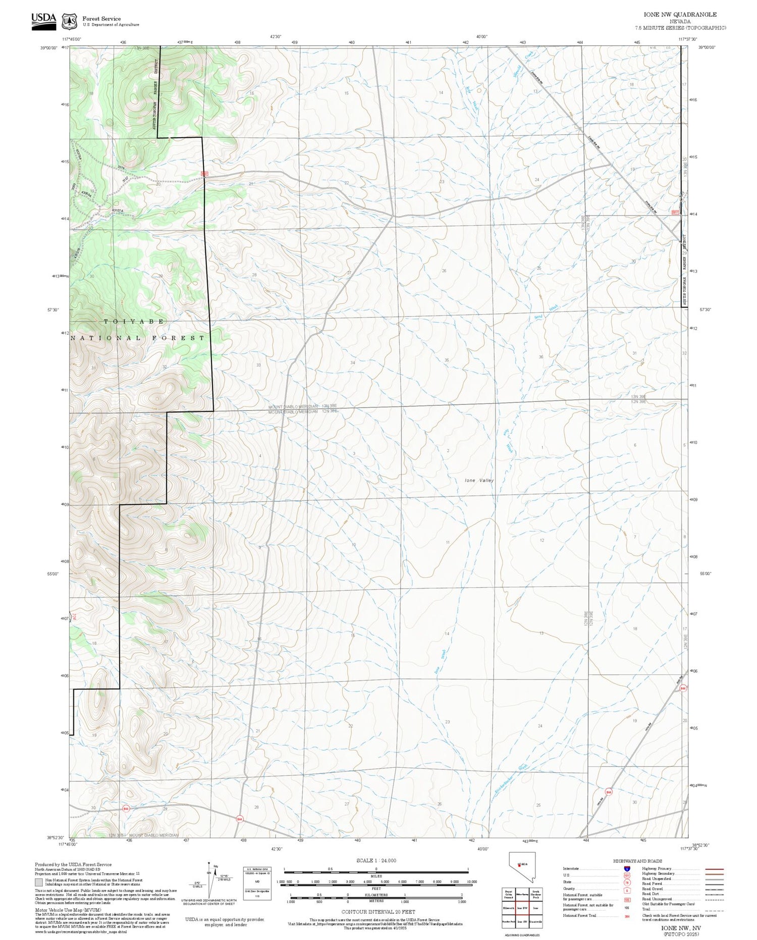 2025 Forest Service Topo Map of Ione NW Nevada