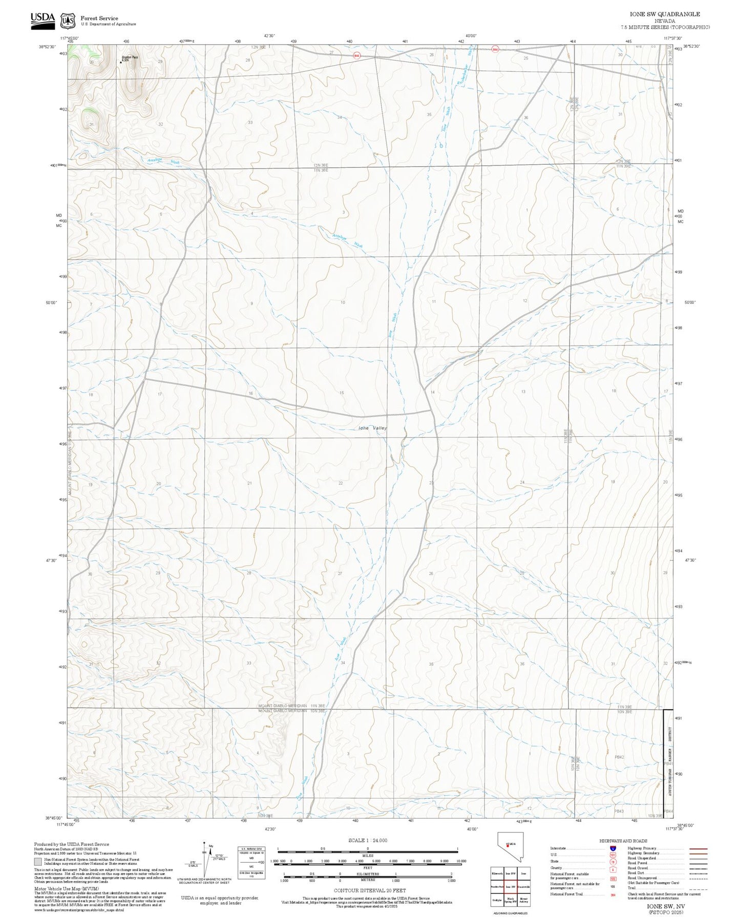 2025 Forest Service Topo Map of Ione SW Nevada