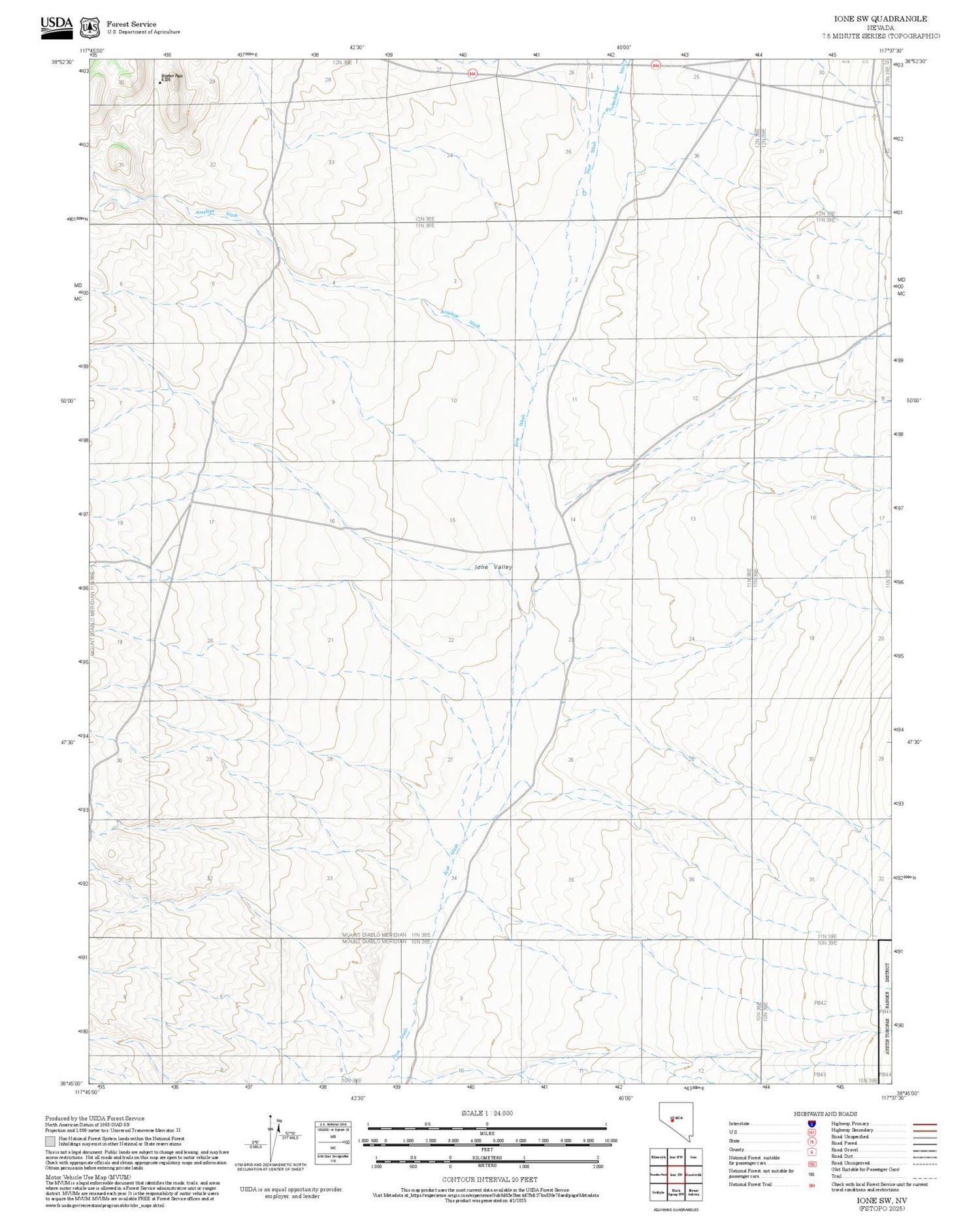 2025 Forest Service Topo Map of Ione SW Nevada