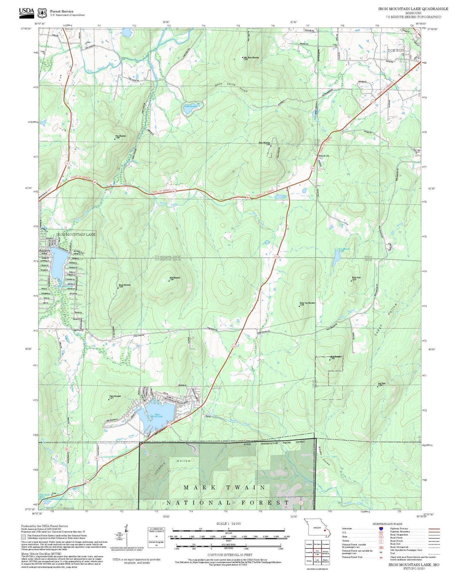 2025 Forest Service Topo Map of Iron Mountain Lake Missouri