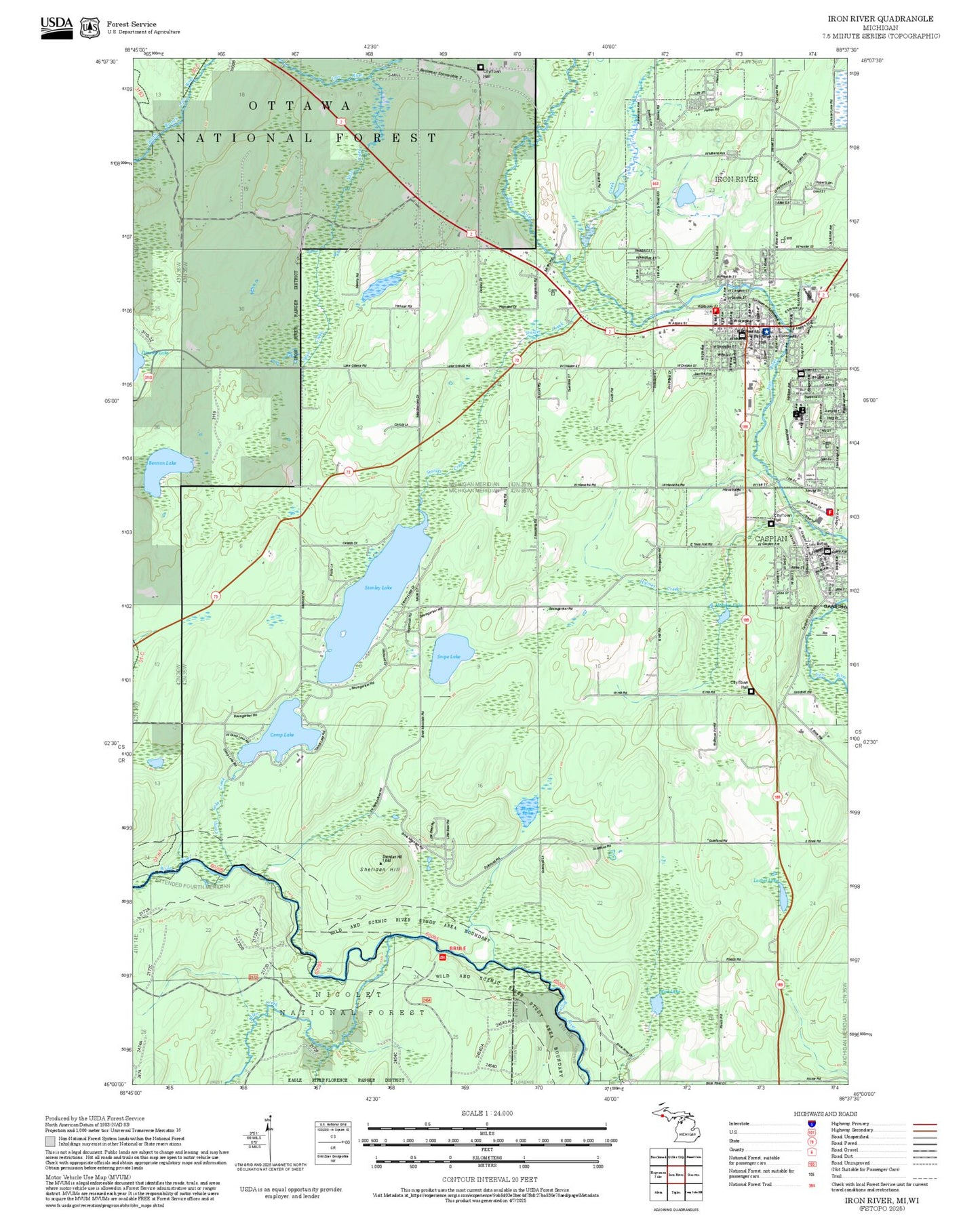 2025 Forest Service Topo Map of Iron River Michigan