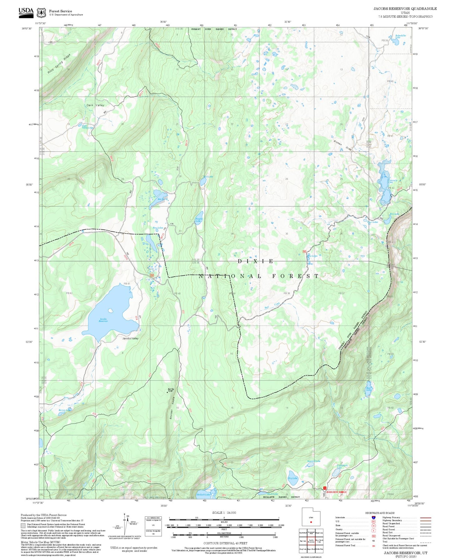 2025 Forest Service Topo Map of Jacobs Reservoir Utah
