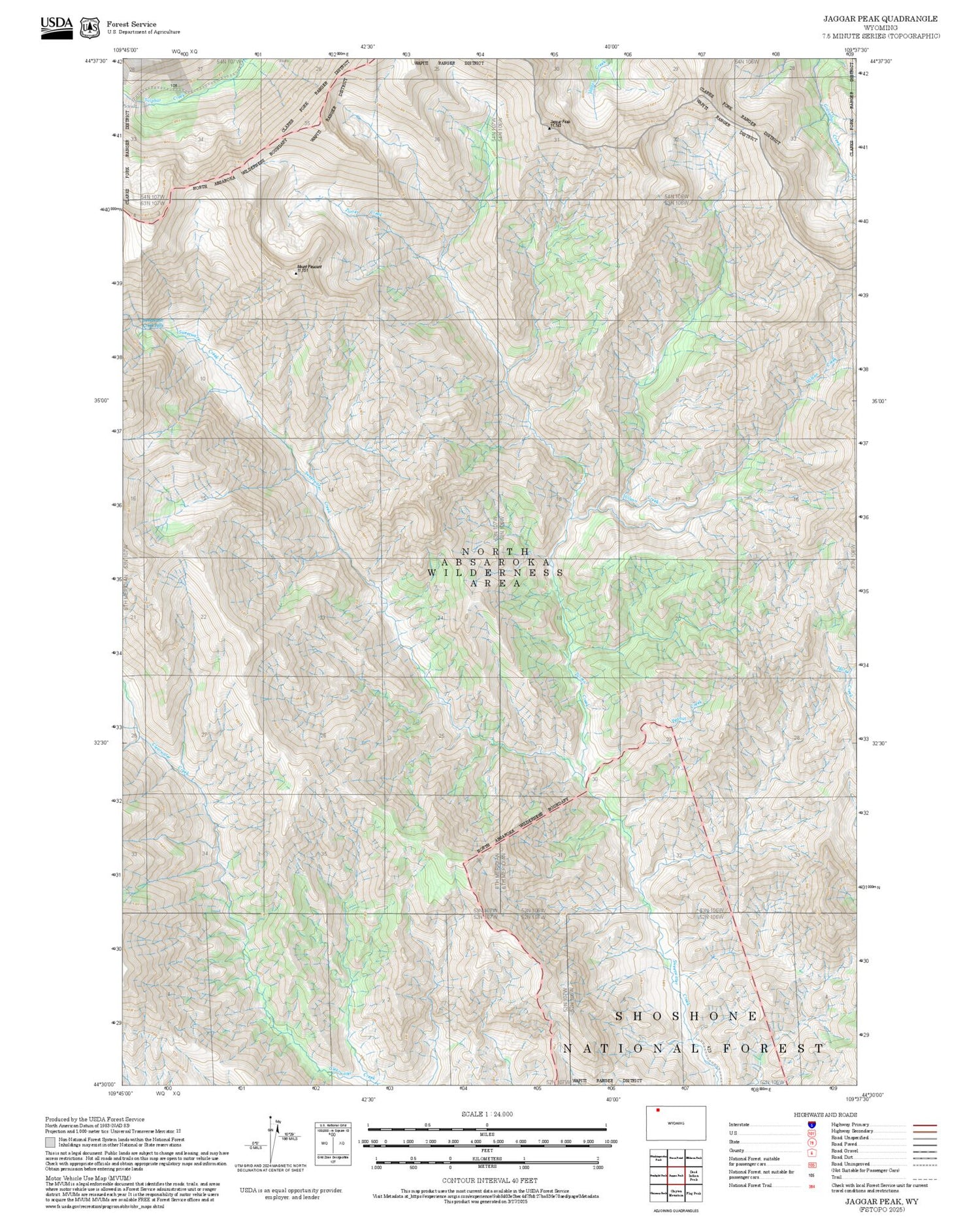 2025 Forest Service Topo Map of Jaggar Peak Wyoming