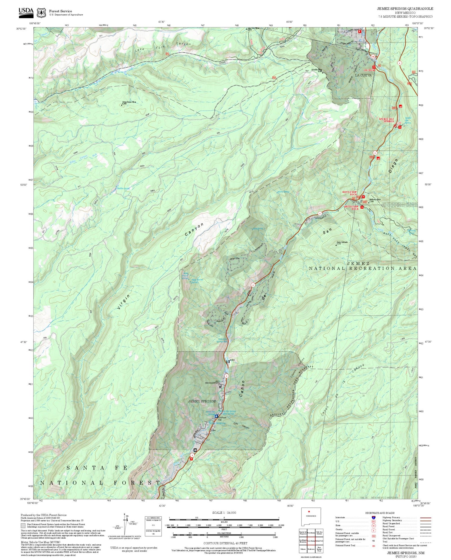 2025 Forest Service Topo Map of Jemez Springs New Mexico