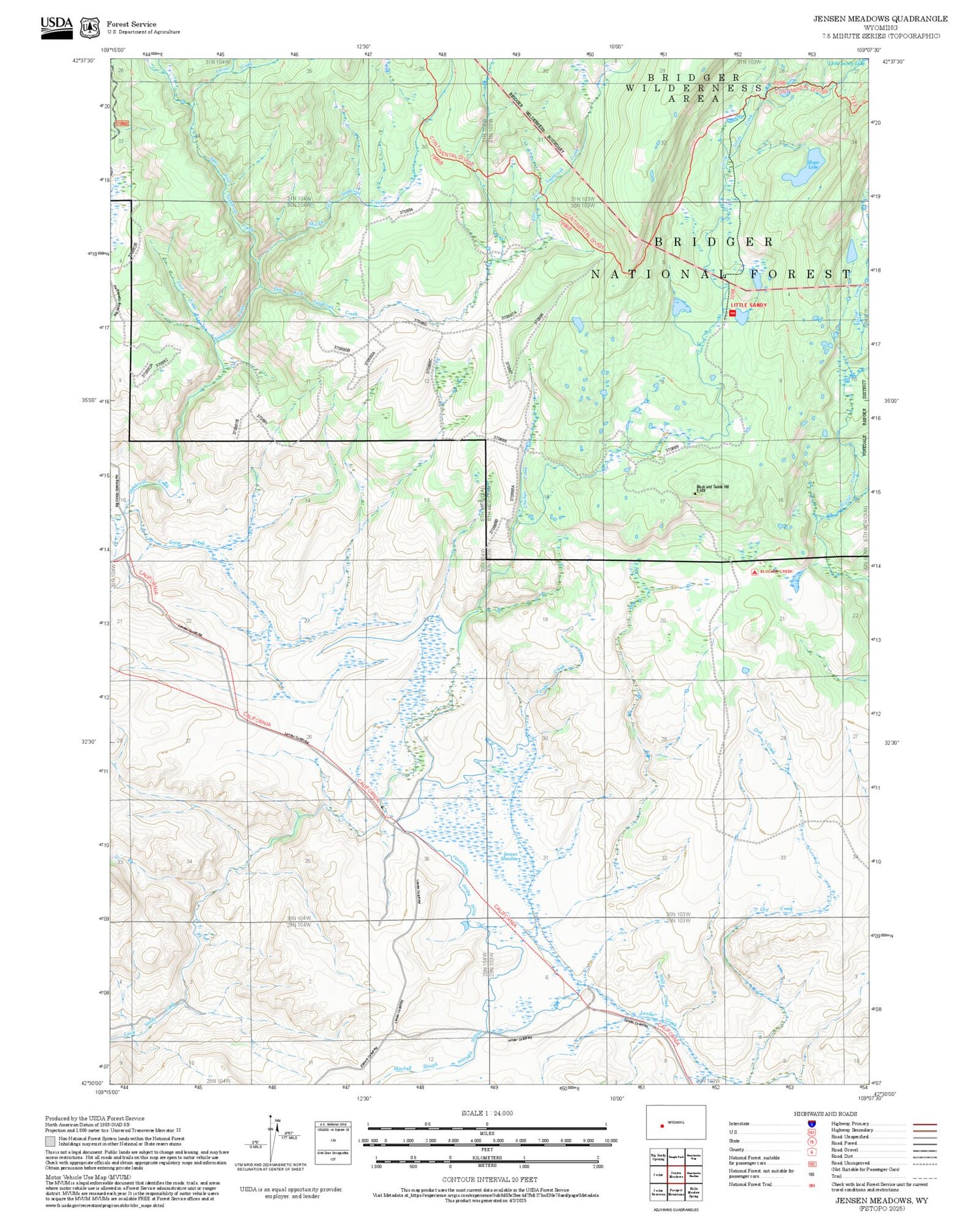 2025 Forest Service Topo Map of Jensen Meadows Wyoming