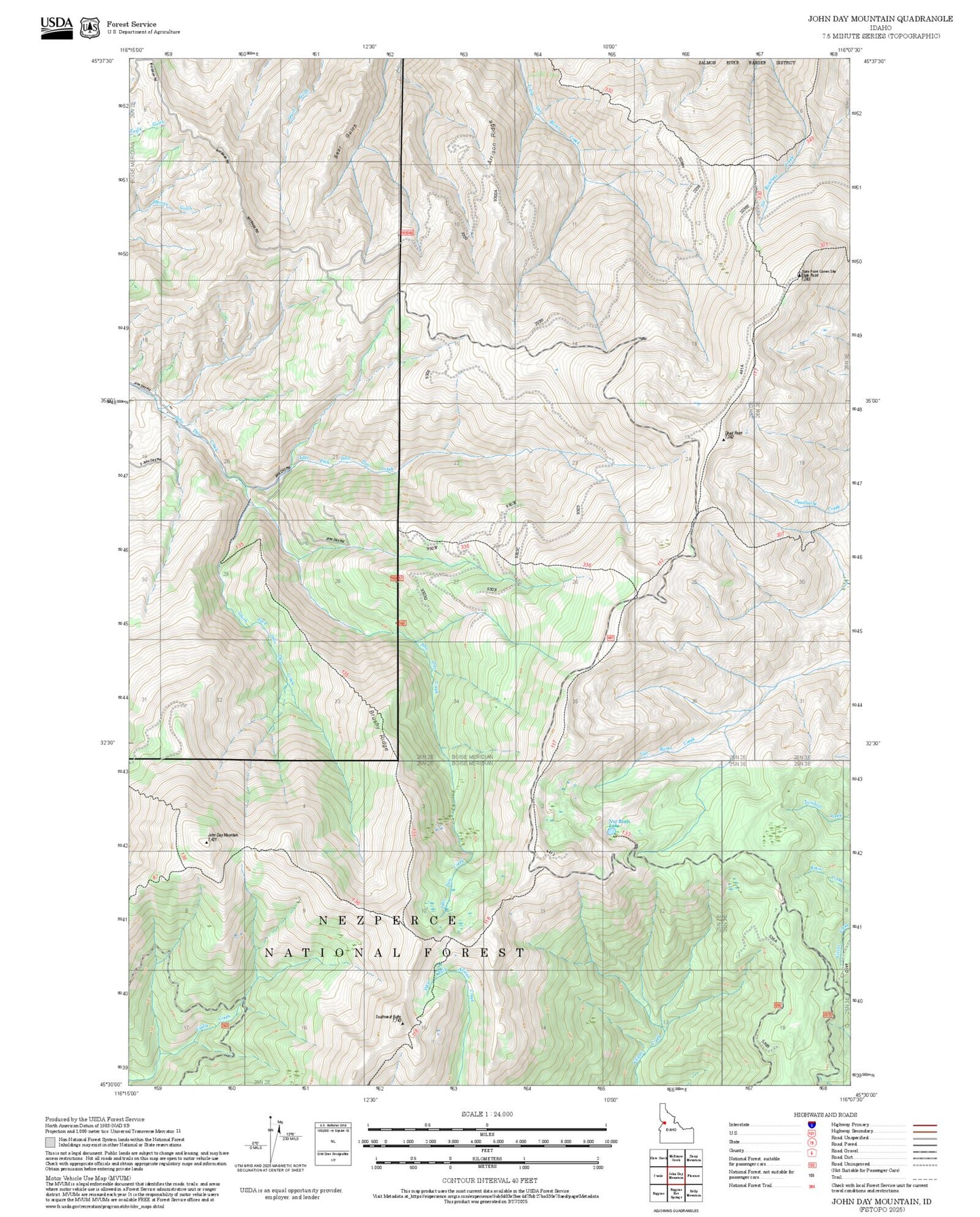 2025 Forest Service Topo Map of John Day Mountain Idaho
