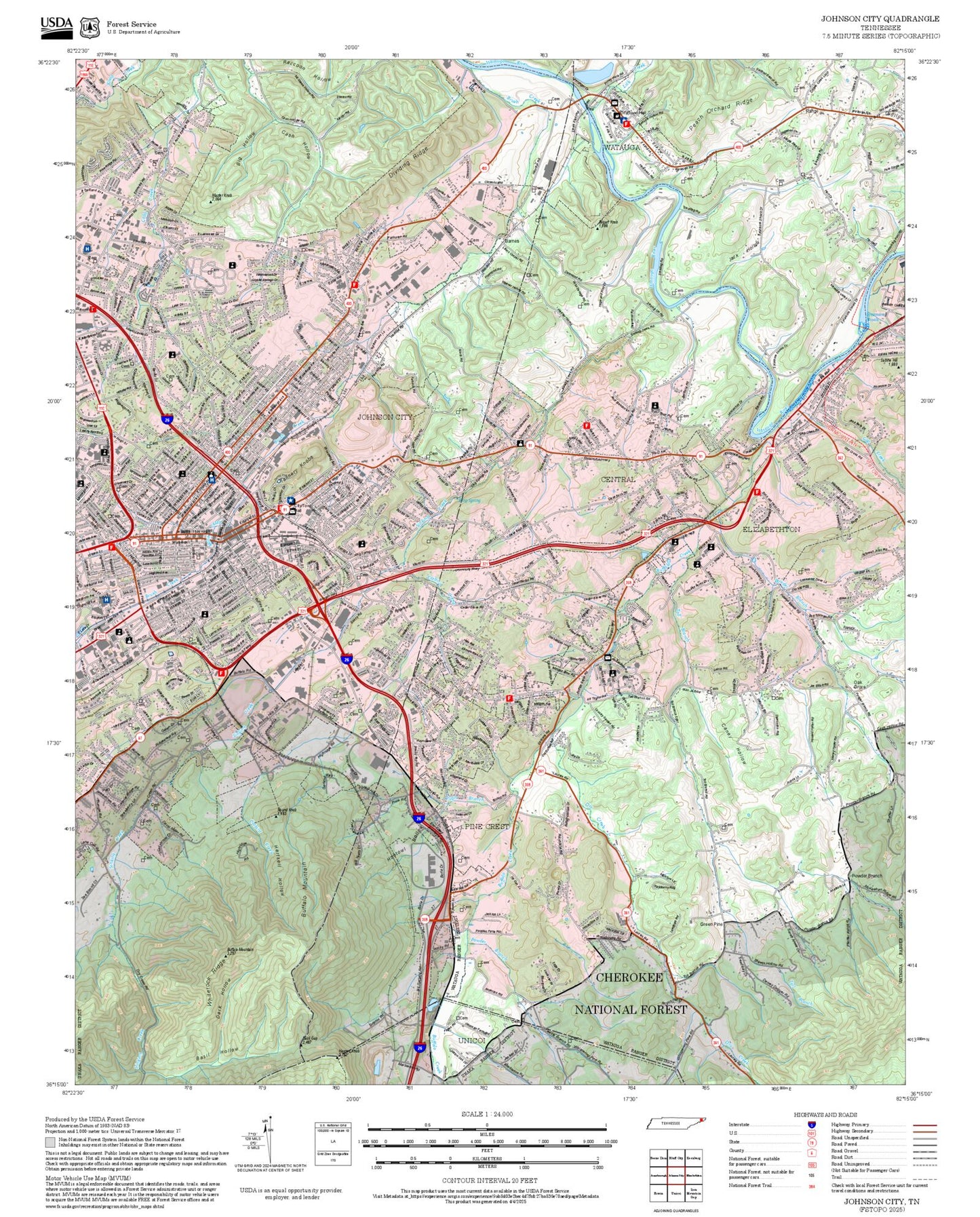 2025 Forest Service Topo Map of Johnson City Tennessee