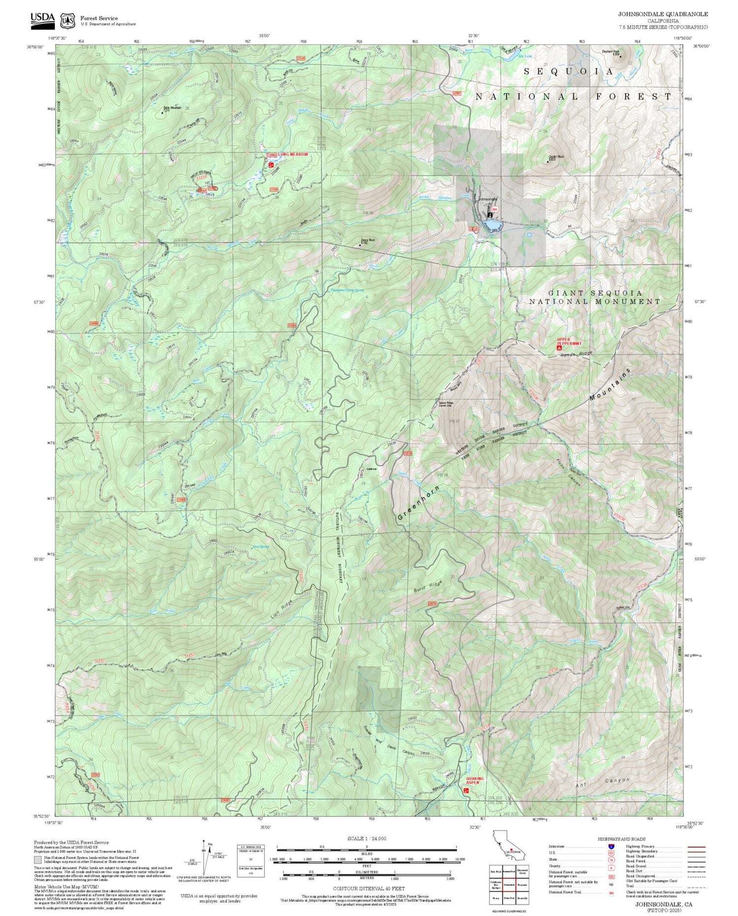 2025 Forest Service Topo Map of Johnsondale California