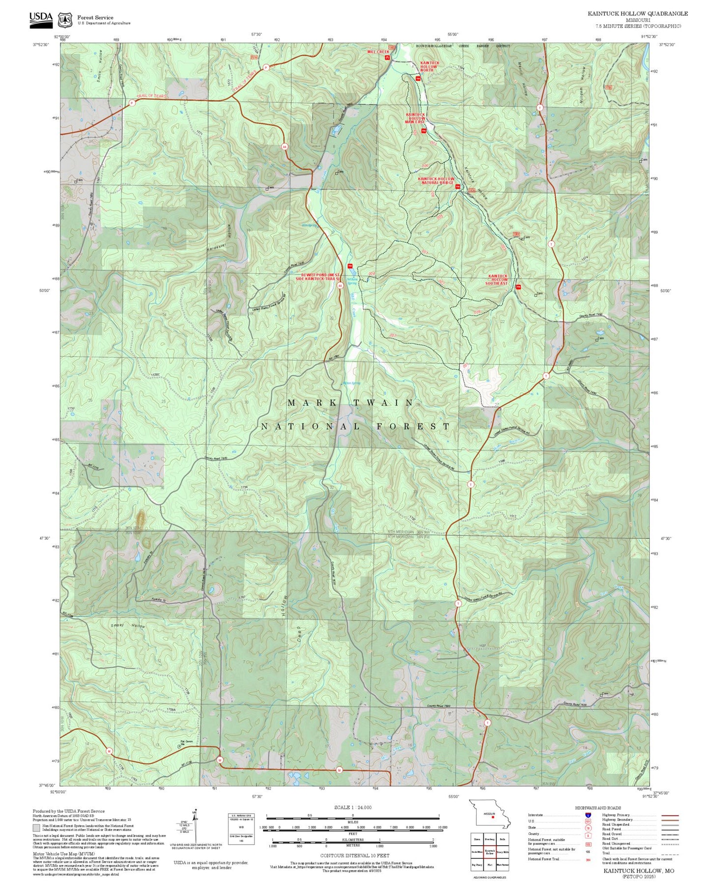 2025 Forest Service Topo Map of Kaintuck Hollow Missouri