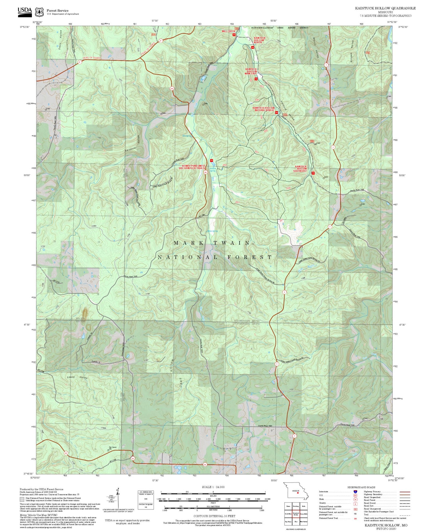 2025 Forest Service Topo Map of Kaintuck Hollow Missouri