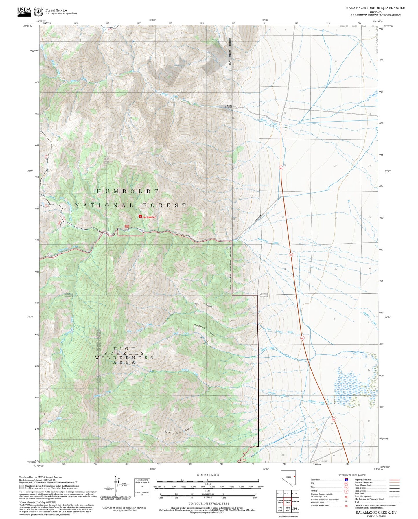 2025 Forest Service Topo Map of Kalamazoo Creek Nevada
