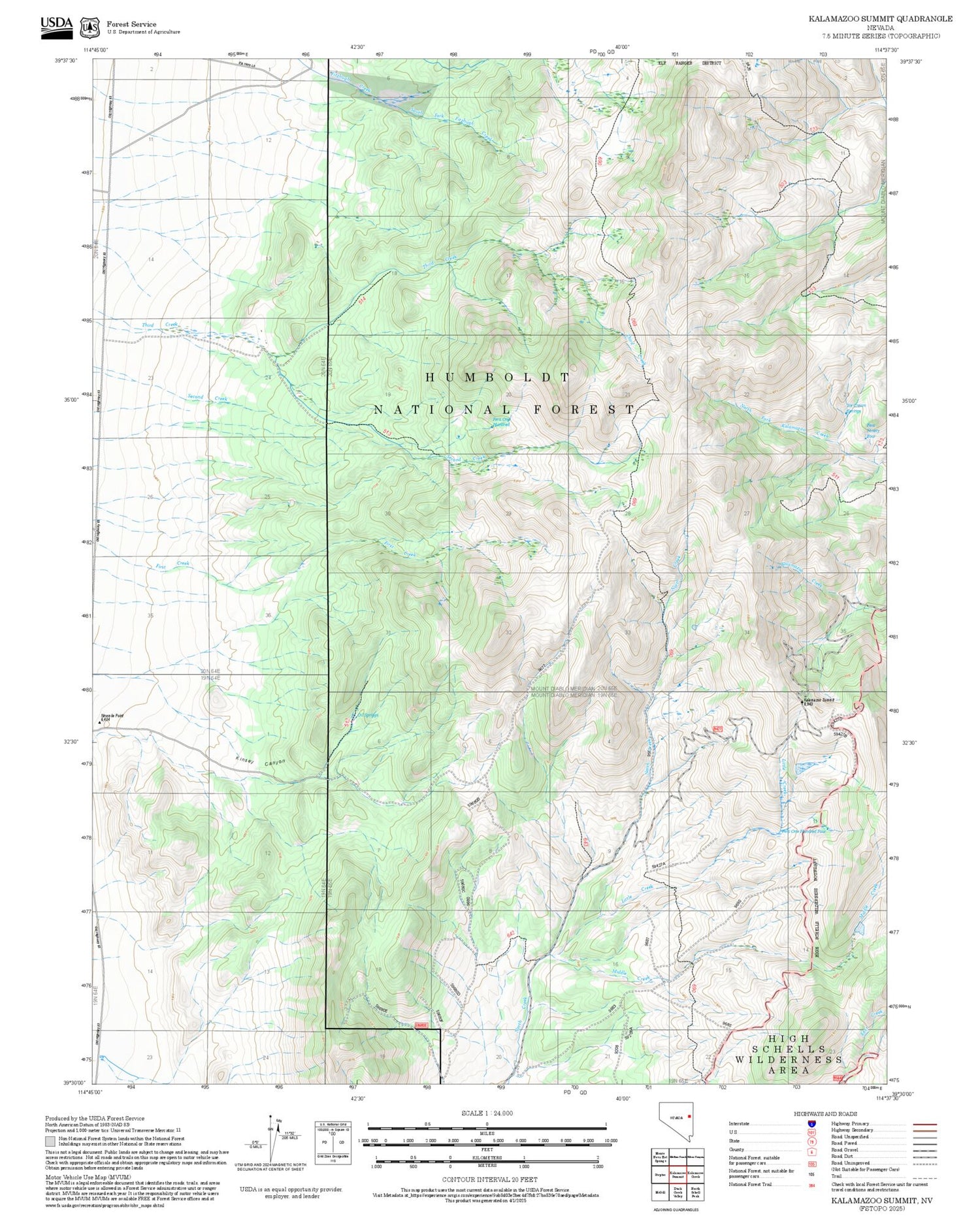 2025 Forest Service Topo Map of Kalamazoo Summit Nevada