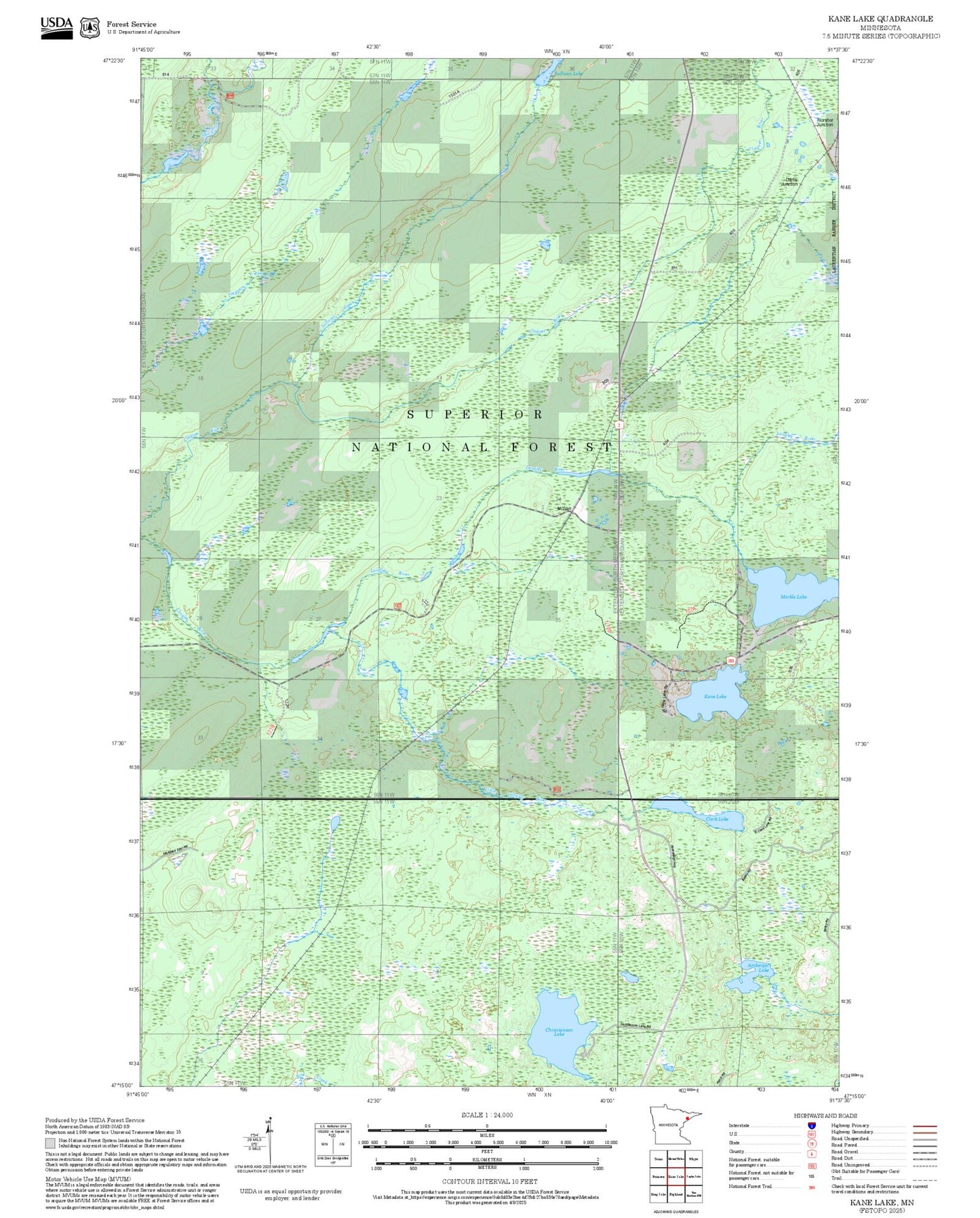 2025 Forest Service Topo Map of Kane Lake Minnesota