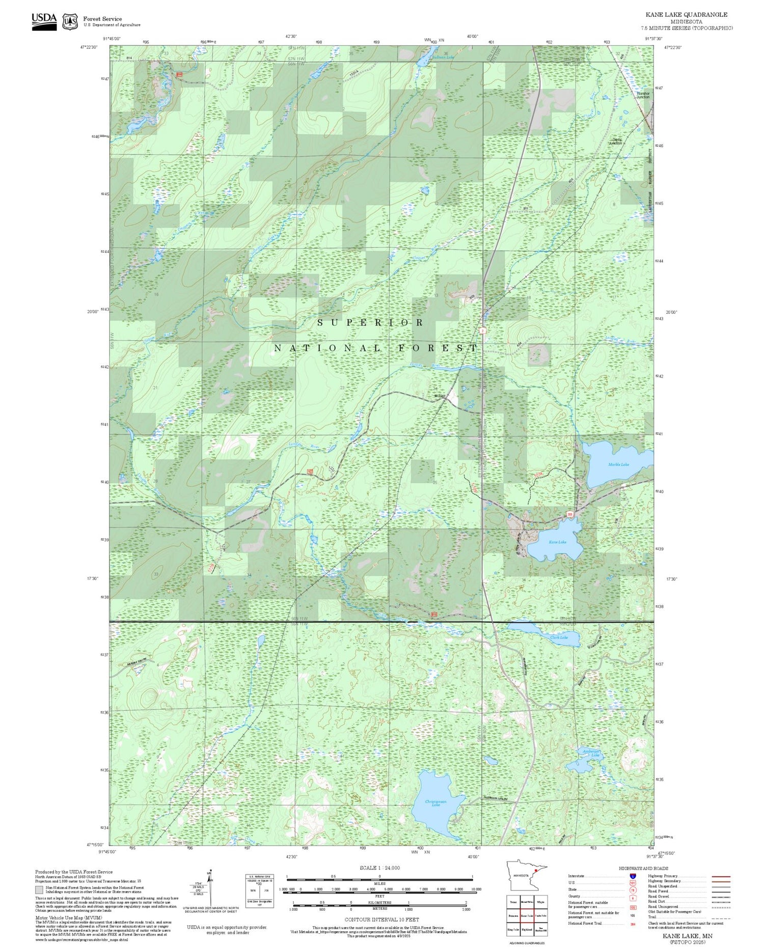 2025 Forest Service Topo Map of Kane Lake Minnesota
