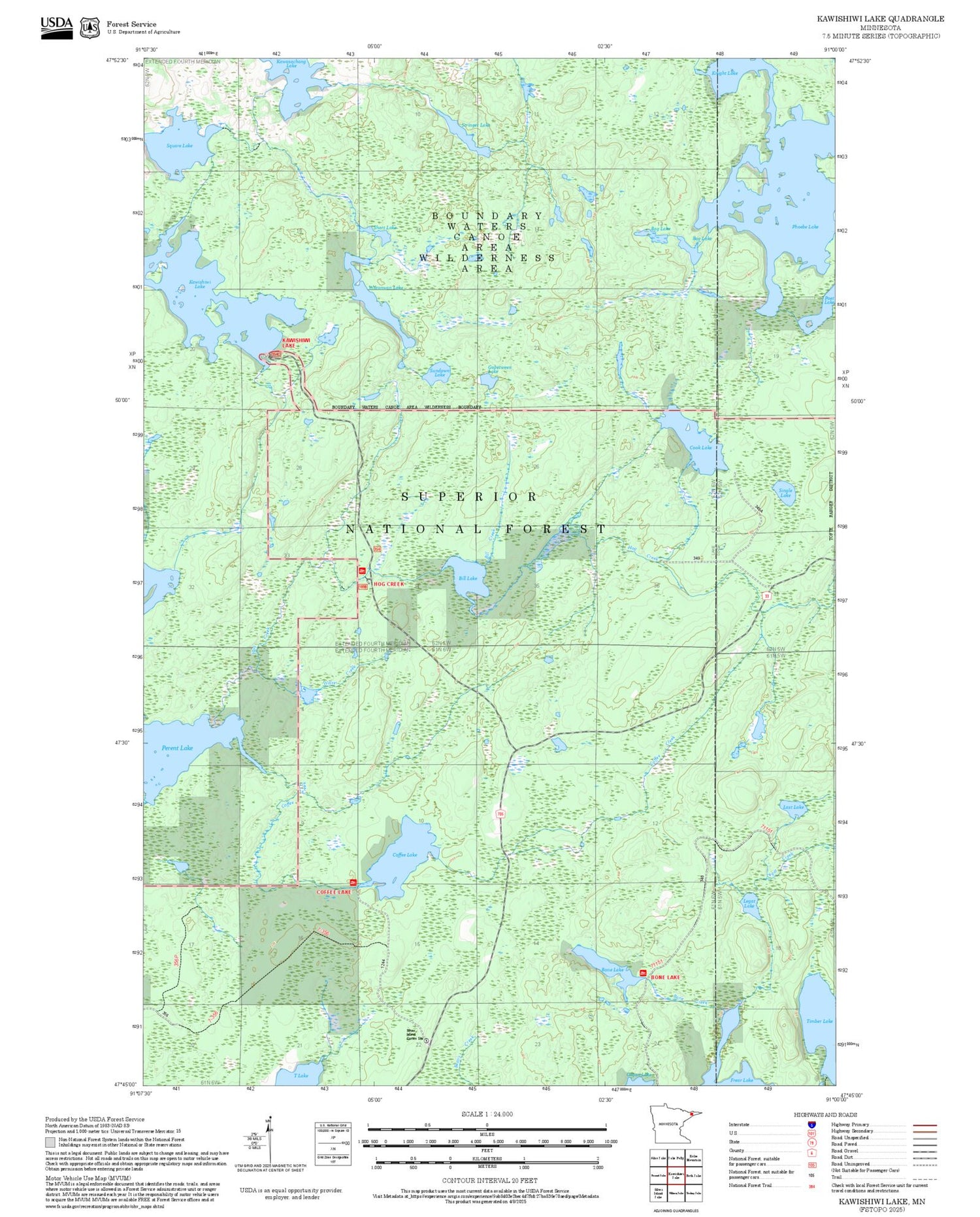 2025 Forest Service Topo Map of Kawishiwi Lake Minnesota
