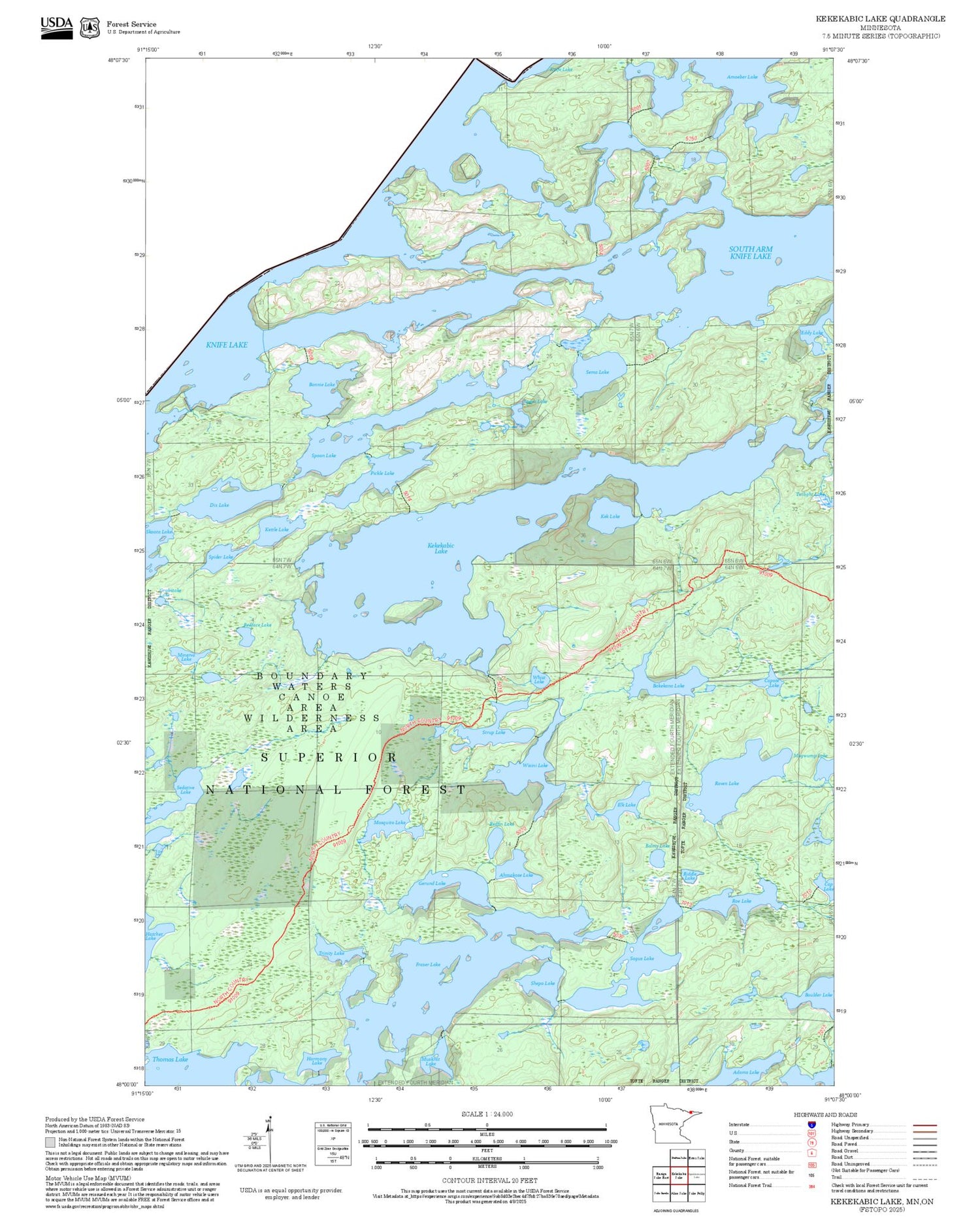 2025 Forest Service Topo Map of Kekekabic Lake Minnesota
