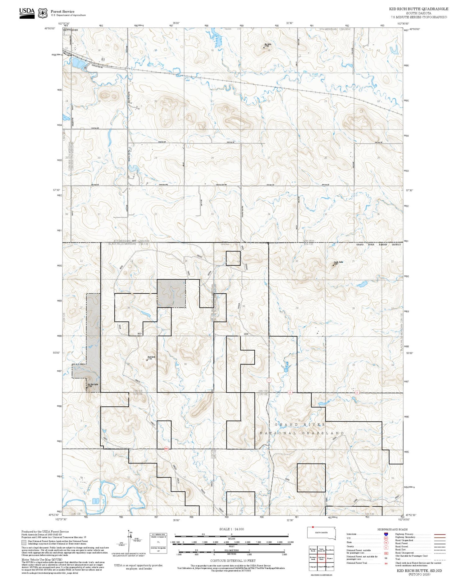 2025 Forest Service Topo Map of Kid Rich Butte South Dakota