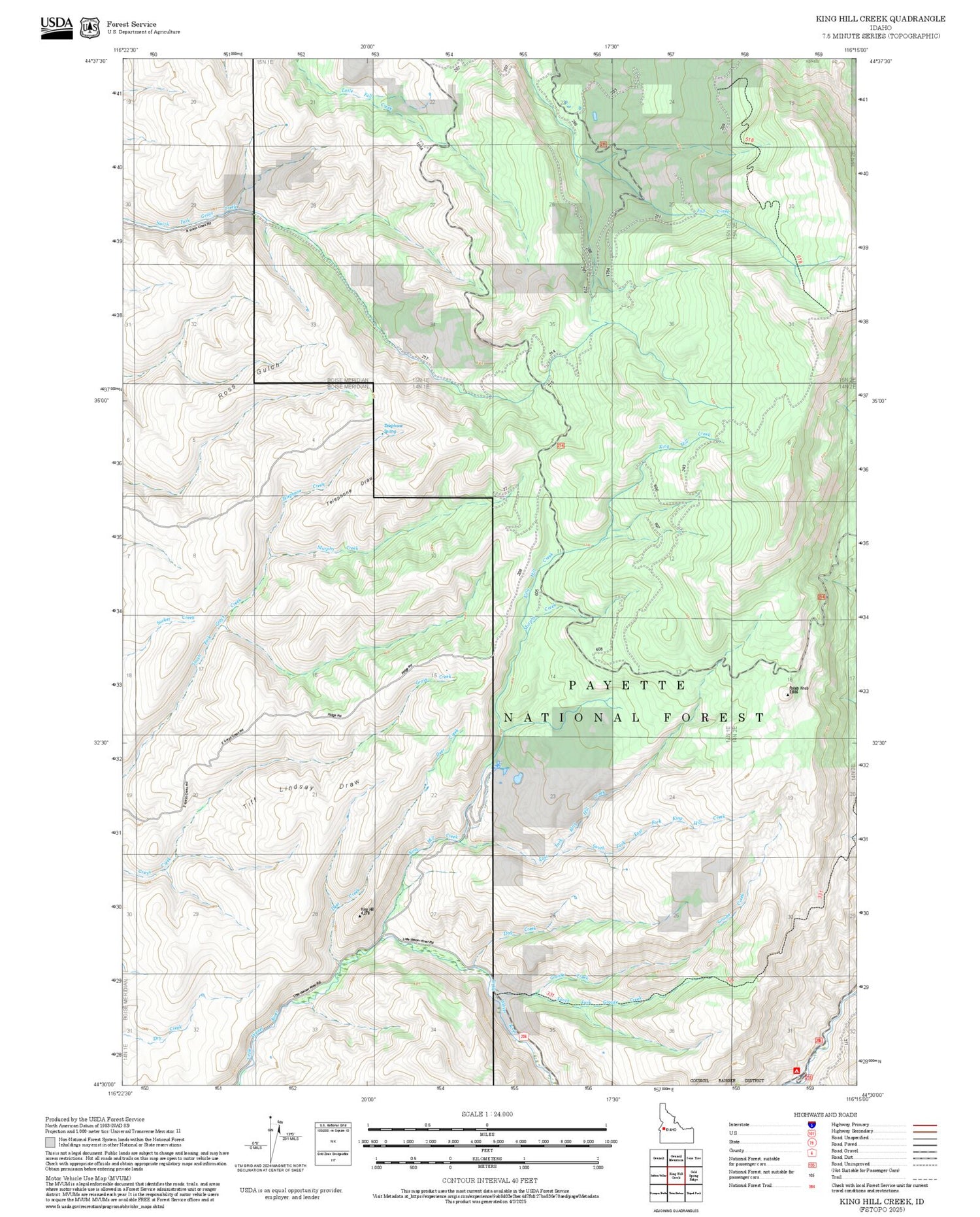 2025 Forest Service Topo Map of King Hill Creek Idaho