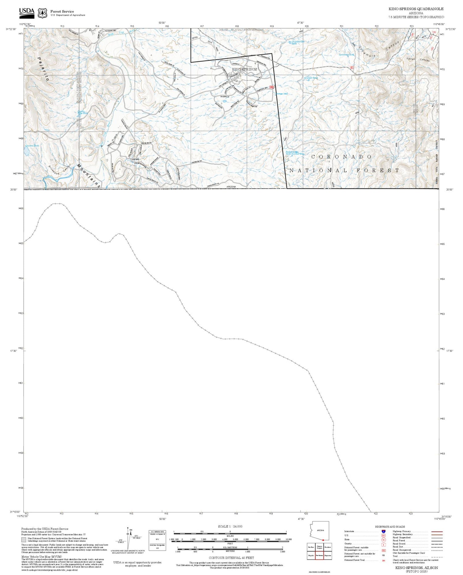2025 Forest Service Topo Map of Kino Springs Arizona