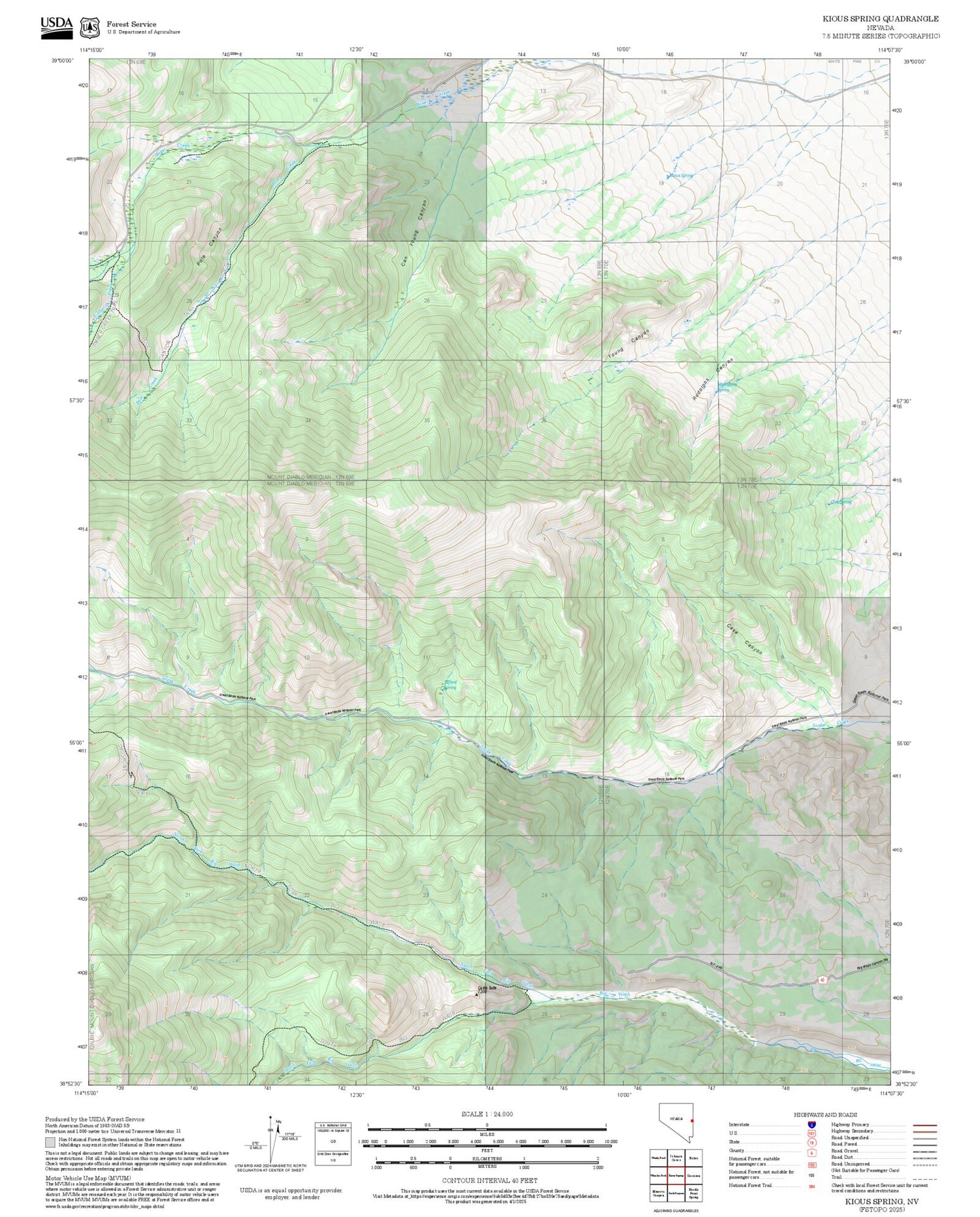 2025 Forest Service Topo Map of Kious Spring Nevada