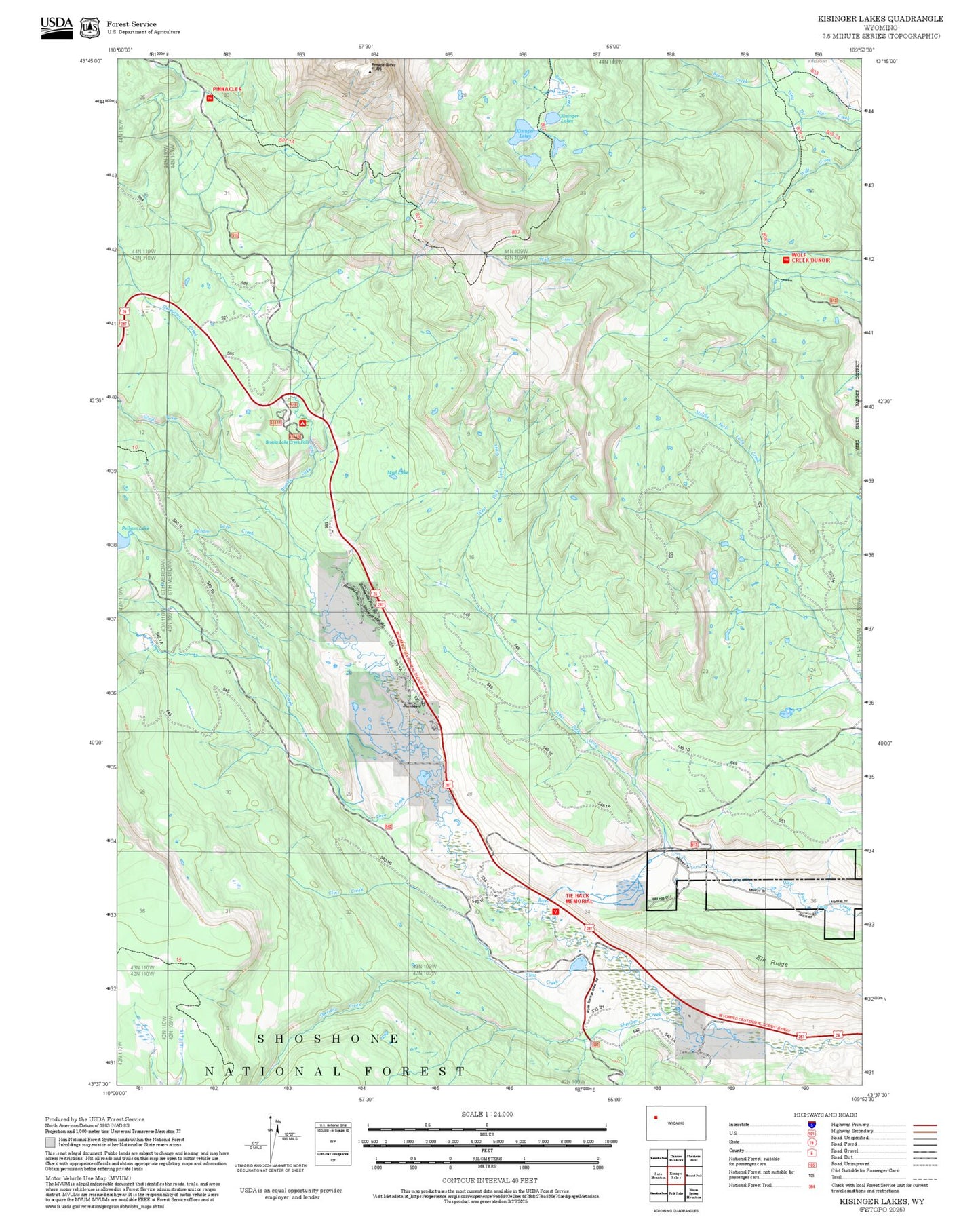 2025 Forest Service Topo Map of Kisinger Lakes Wyoming