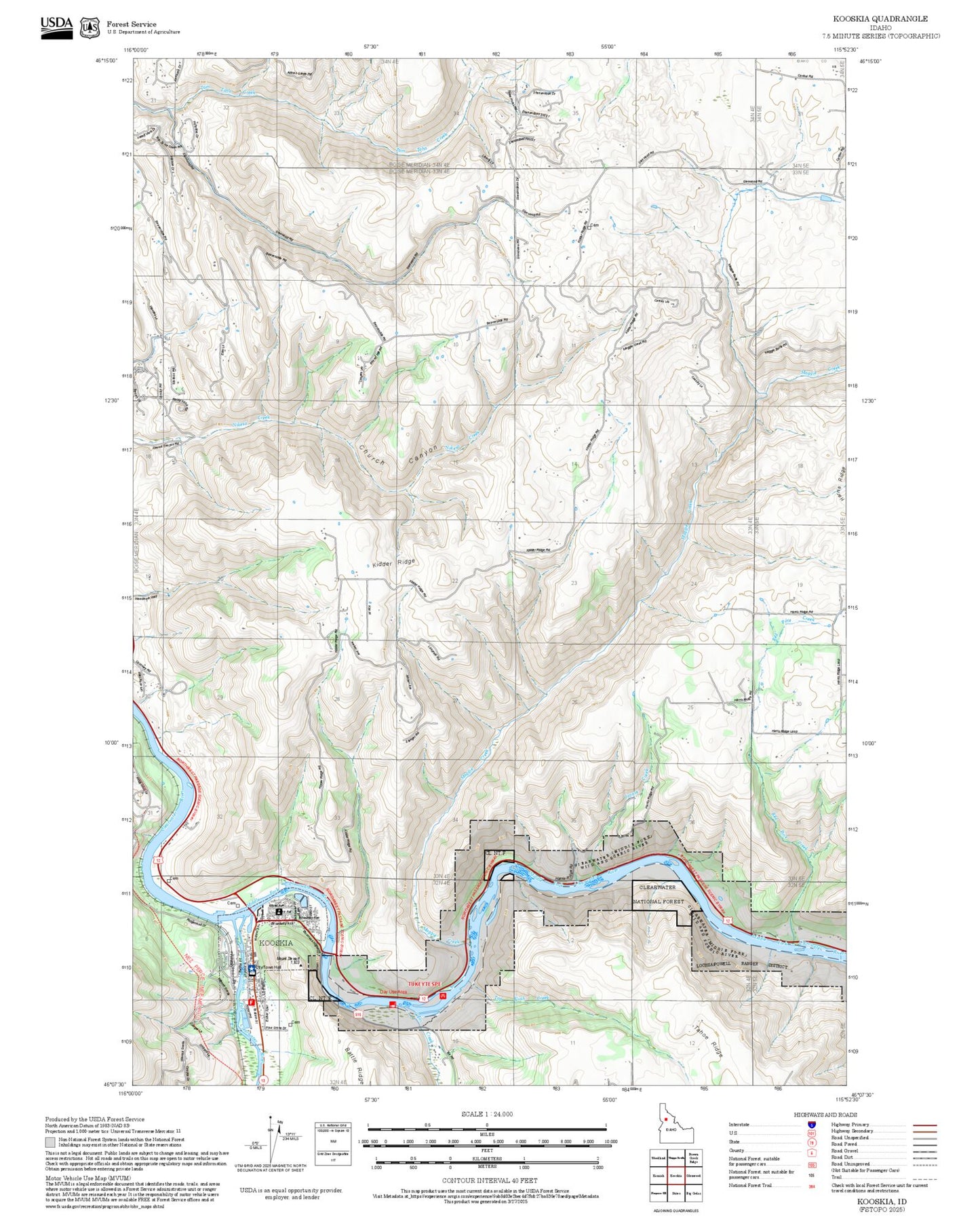 2025 Forest Service Topo Map of Kooskia Idaho