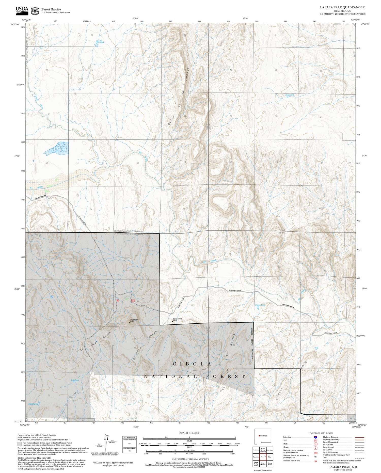 2025 Forest Service Topo Map of La Jara Peak New Mexico