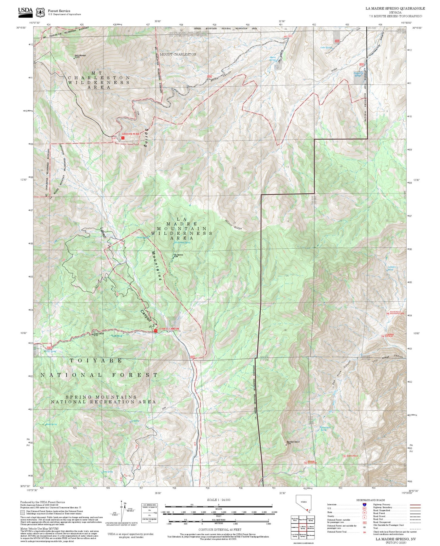 2025 Forest Service Topo Map of La Madre Spring Nevada