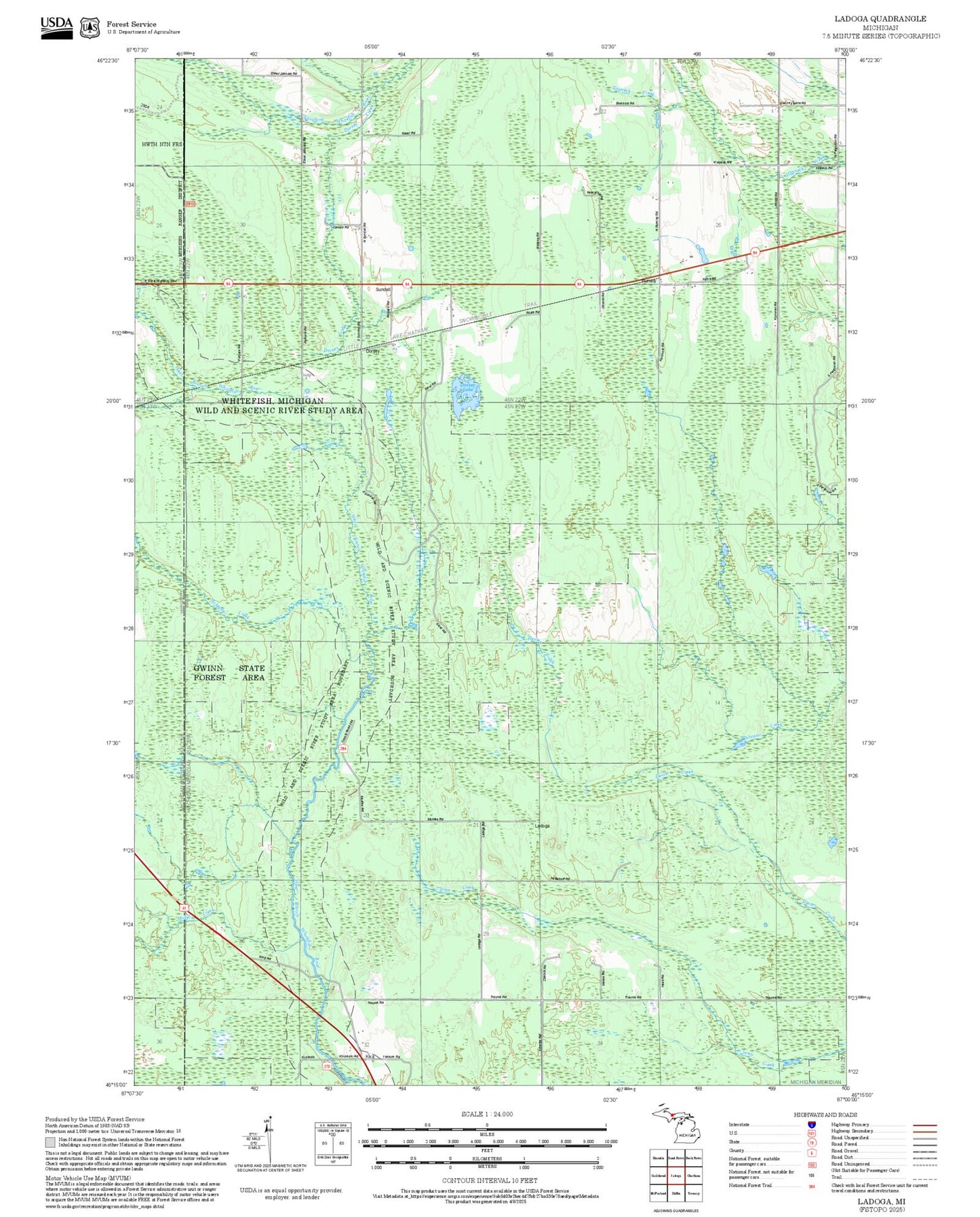 2025 Forest Service Topo Map of Ladoga Michigan
