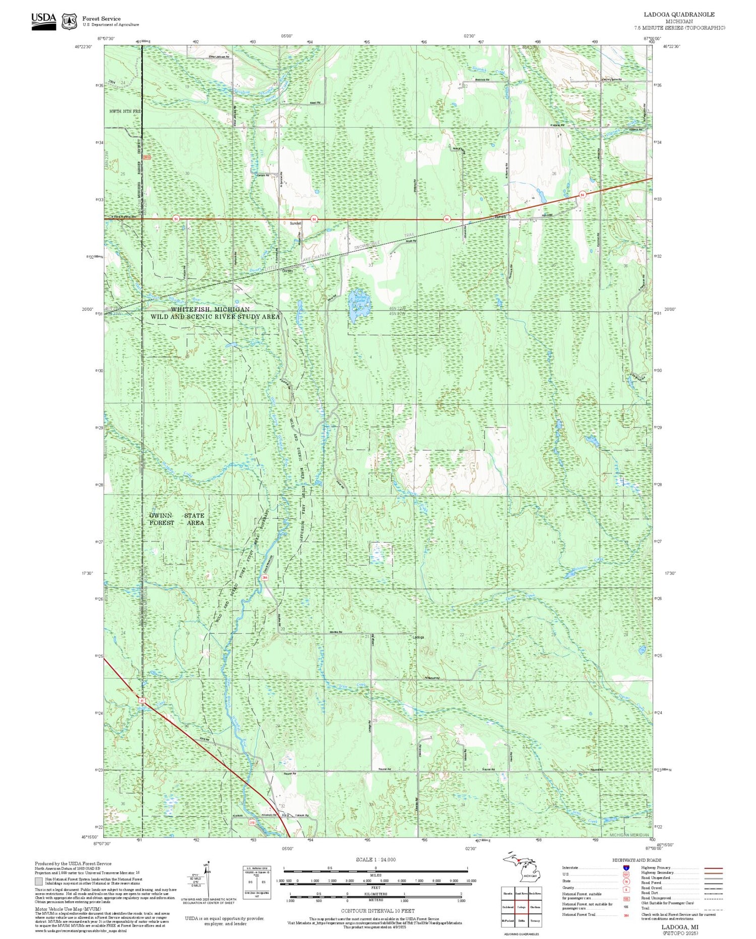 2025 Forest Service Topo Map of Ladoga Michigan