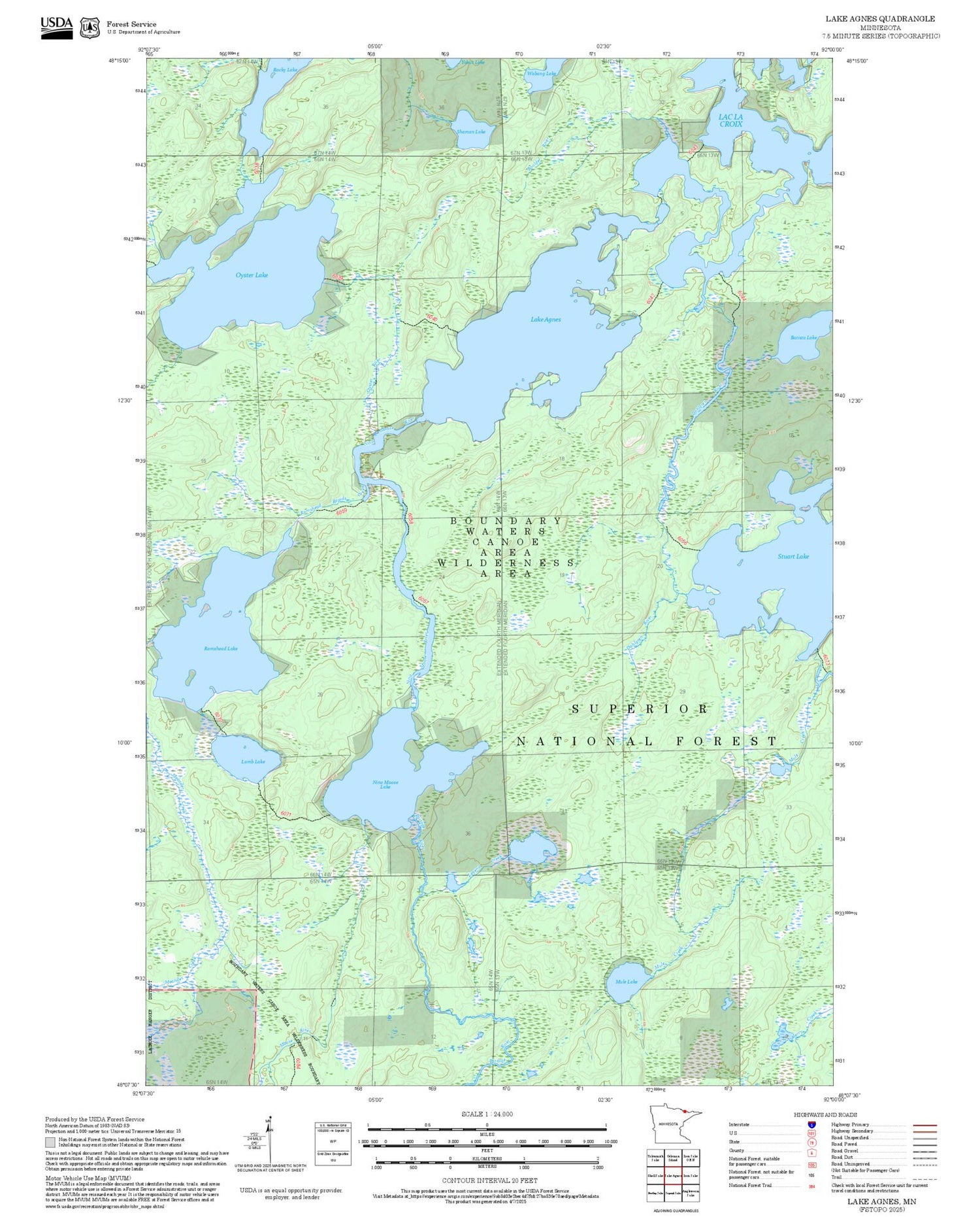 2025 Forest Service Topo Map of Lake Agnes Minnesota